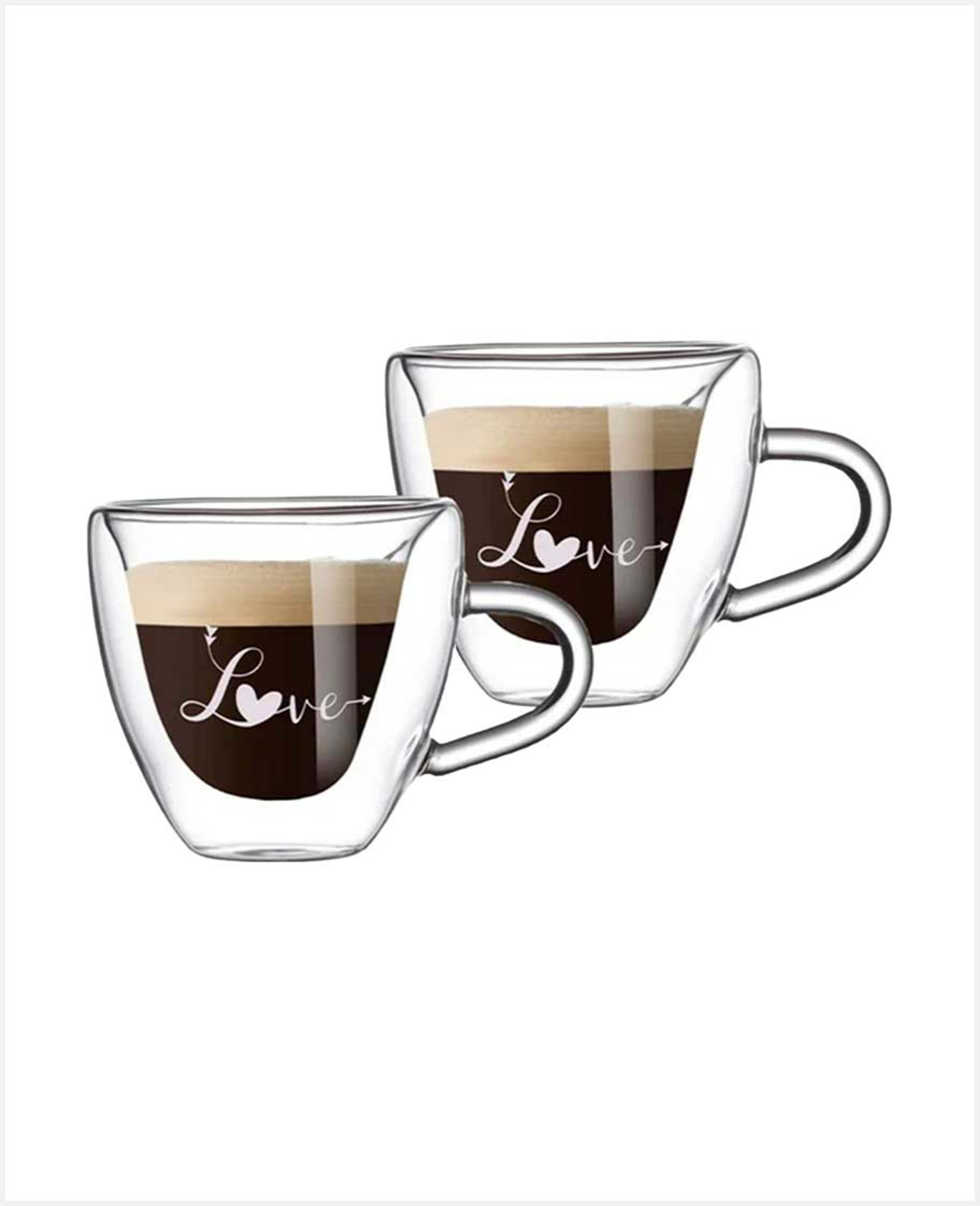 1chase Borosilicate Double Wall Heart Shape Printed Glass W/handle 2s Set 180ml 1ch-186-lvh-180-2p