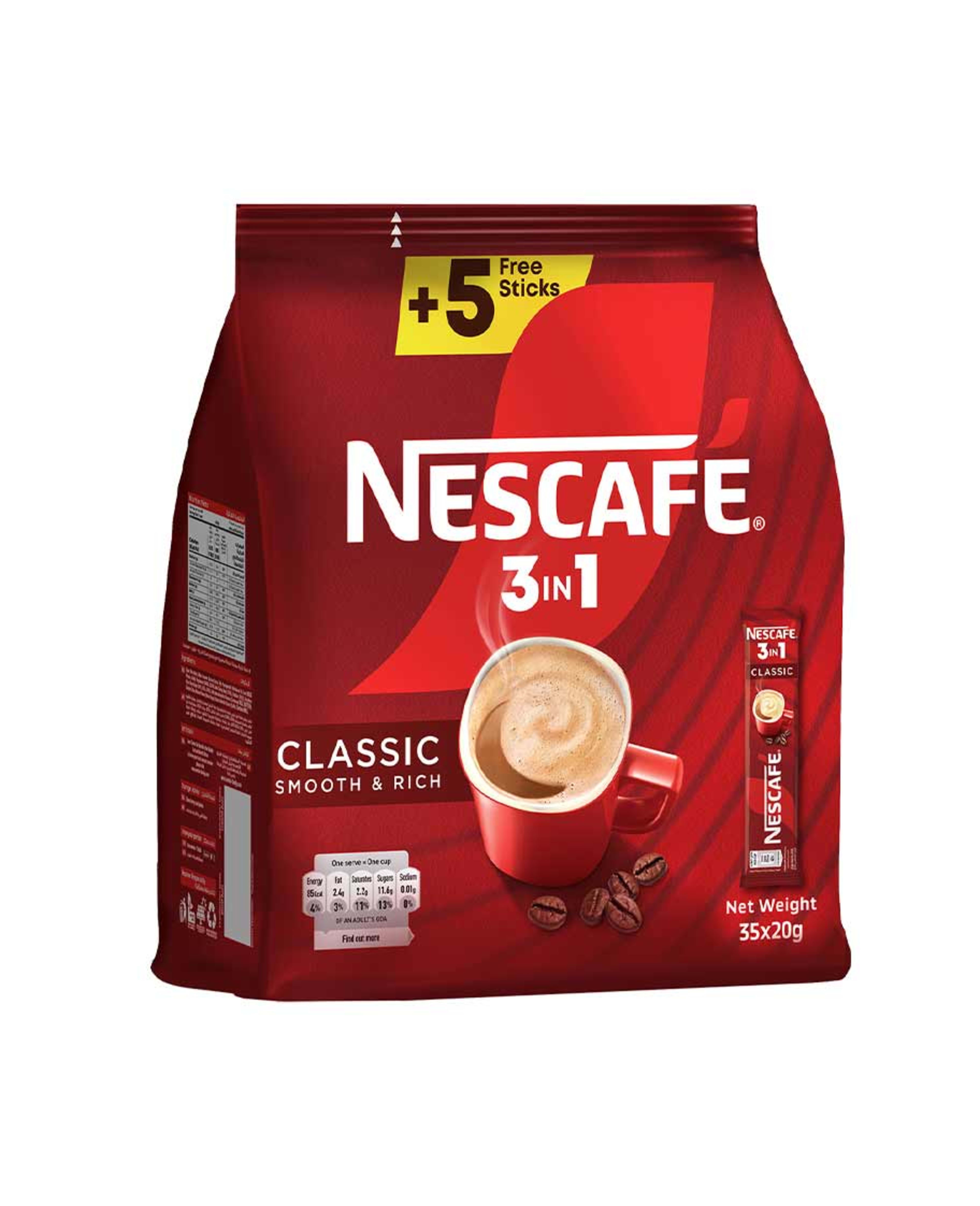 Nescafe 3in1 Classic Coffee (pouch) 20gm 30+5 Sticks Free
