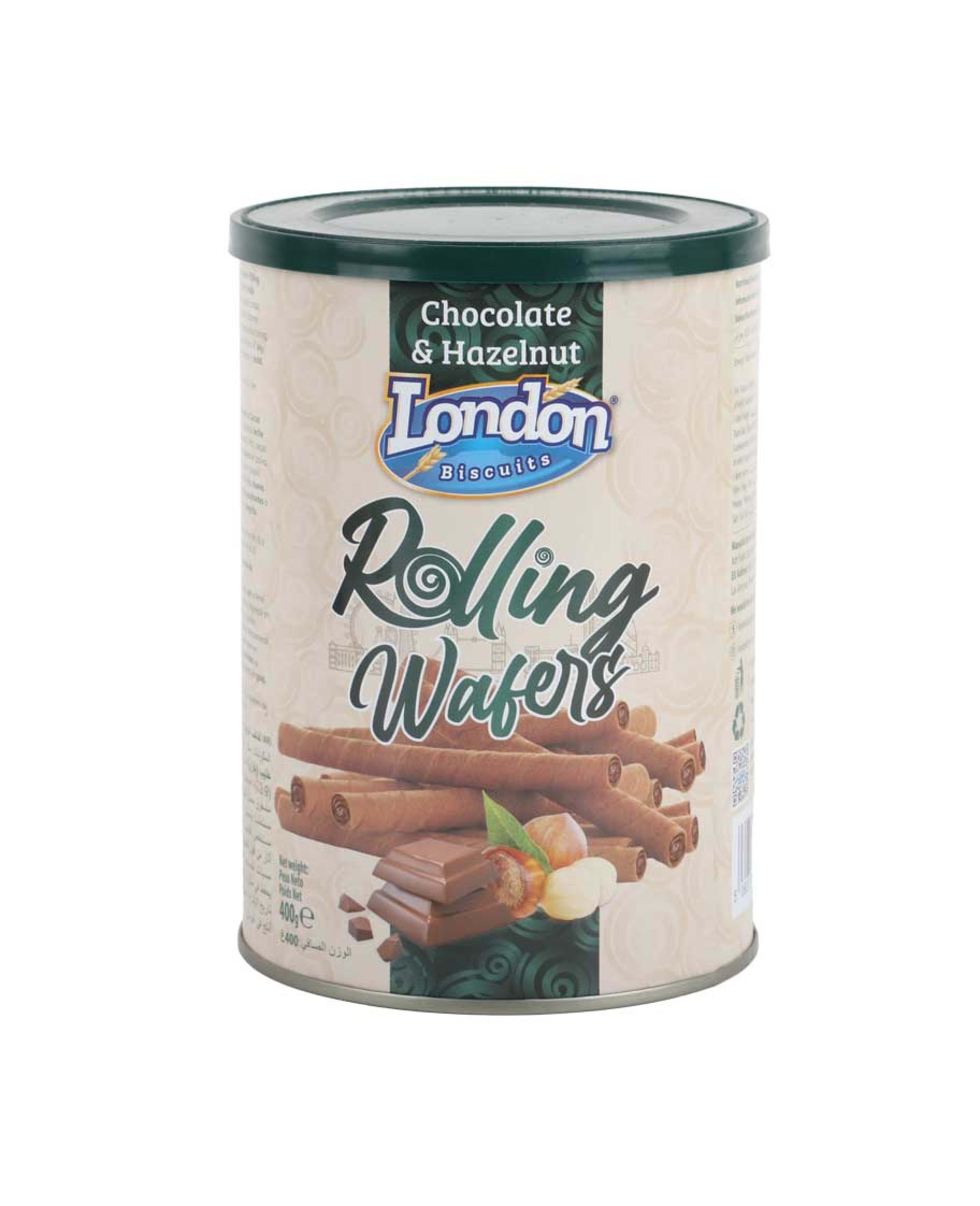 London Biscuits Rolling Wafers Chocolate & Hazelnut Tin 400gm