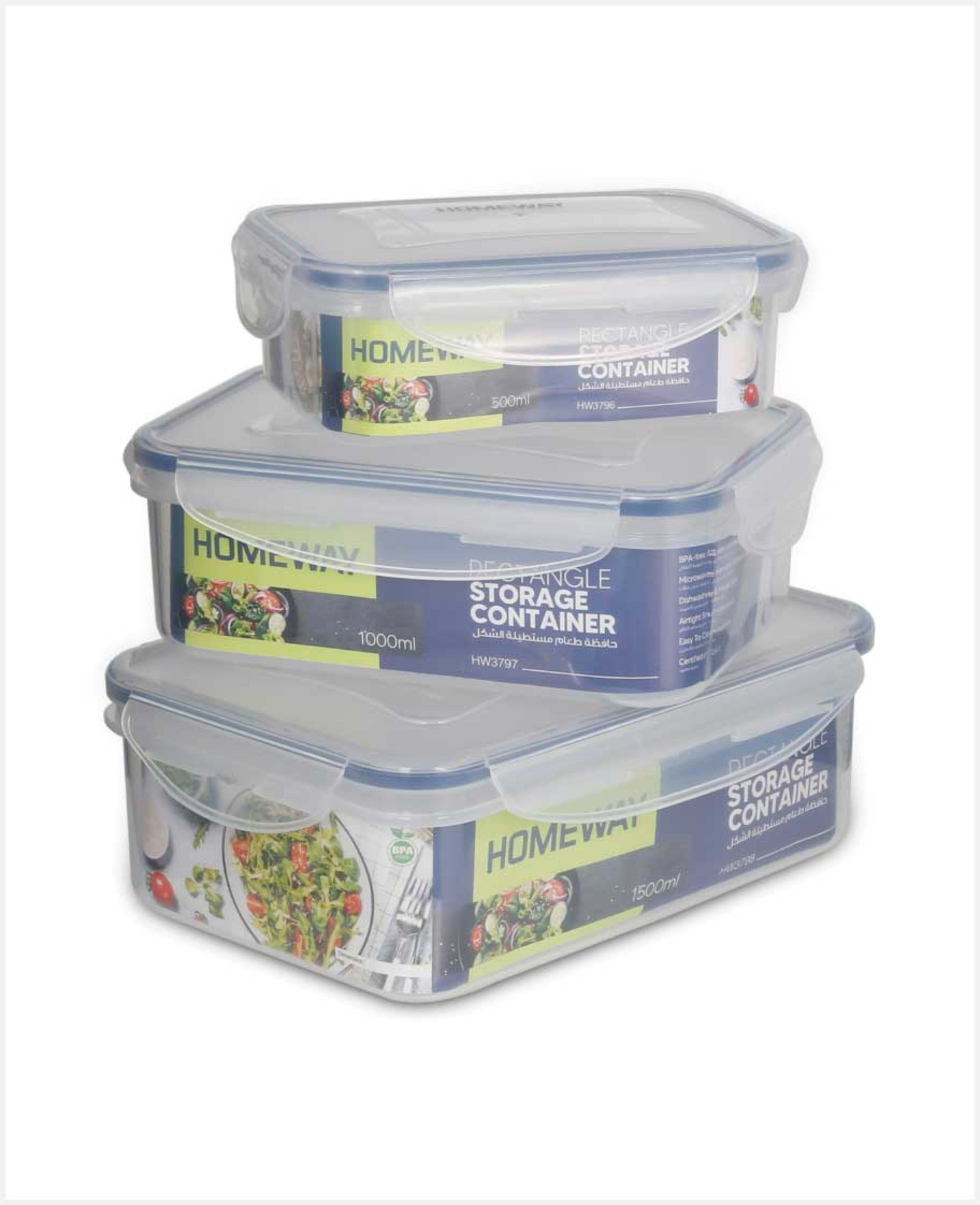 Homeway Rect Storage Container 3pcs Set(0.5l,1l,1.5l) Hw3795