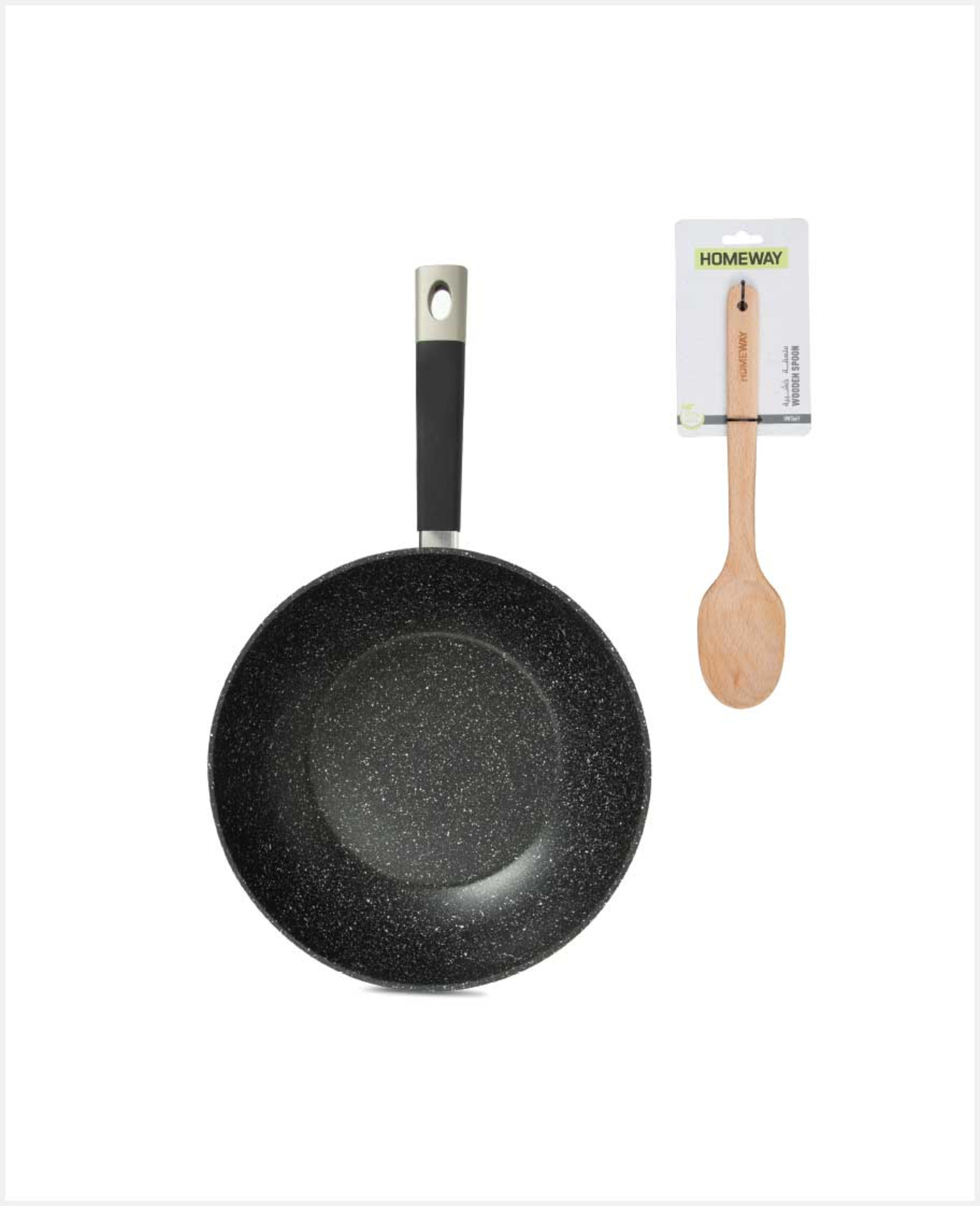 Homeway Hammered Body Marble Wok Pan 28cm+wooden Spoon
