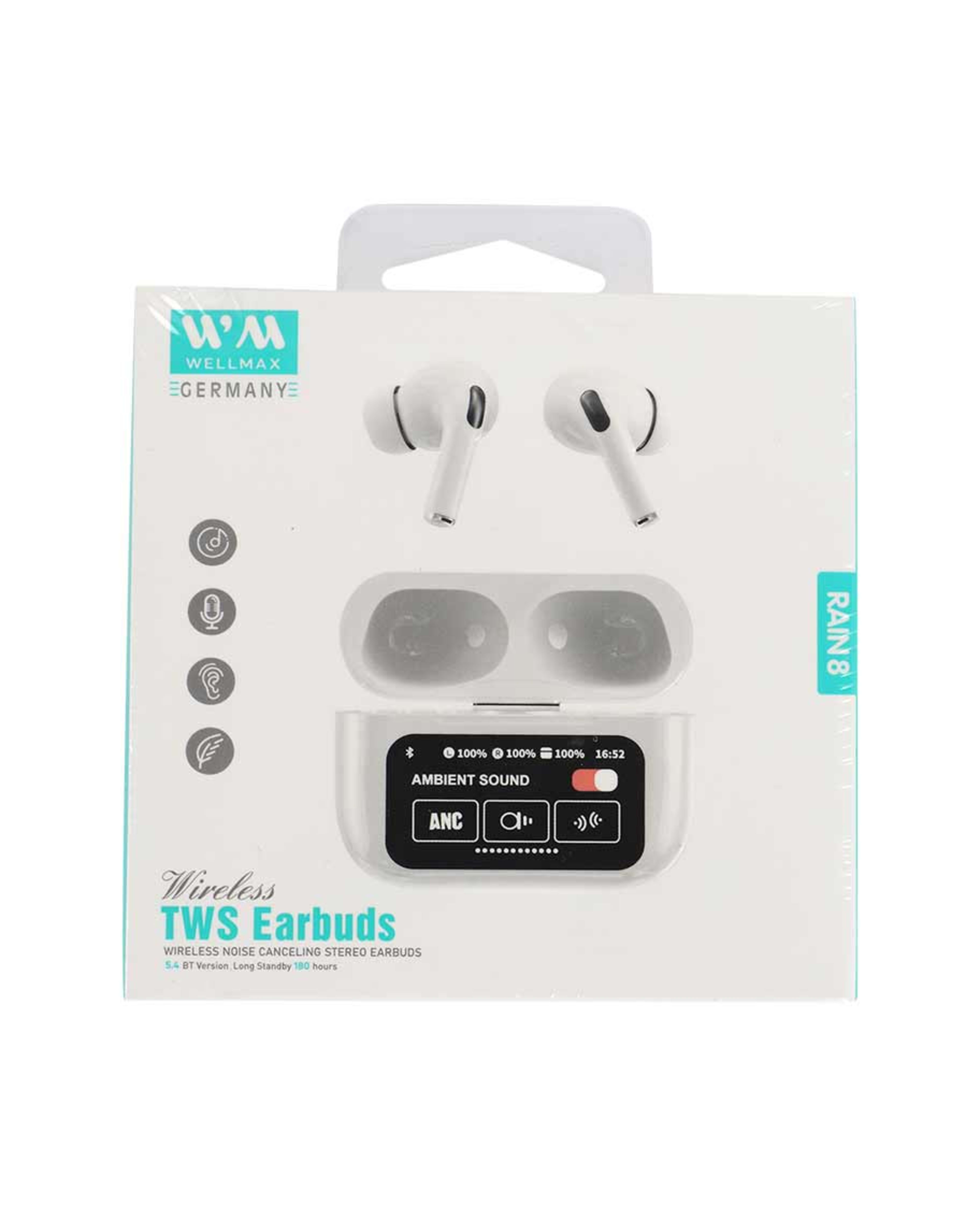 Wellmax Wireless Noise Canceling Stereo Earbuds Rain 8