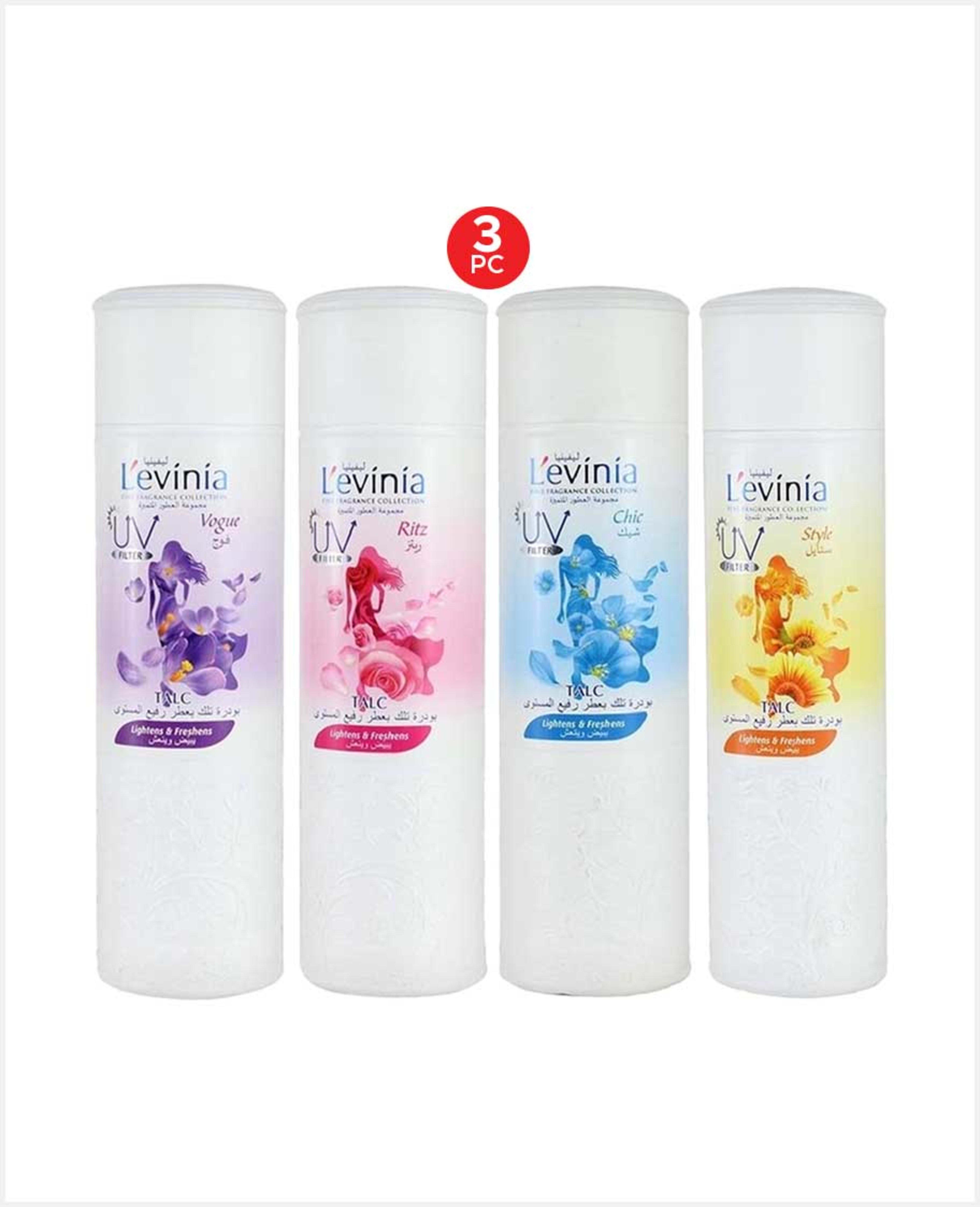 L'evinia Fragrance Talc Assorted 3x250gm