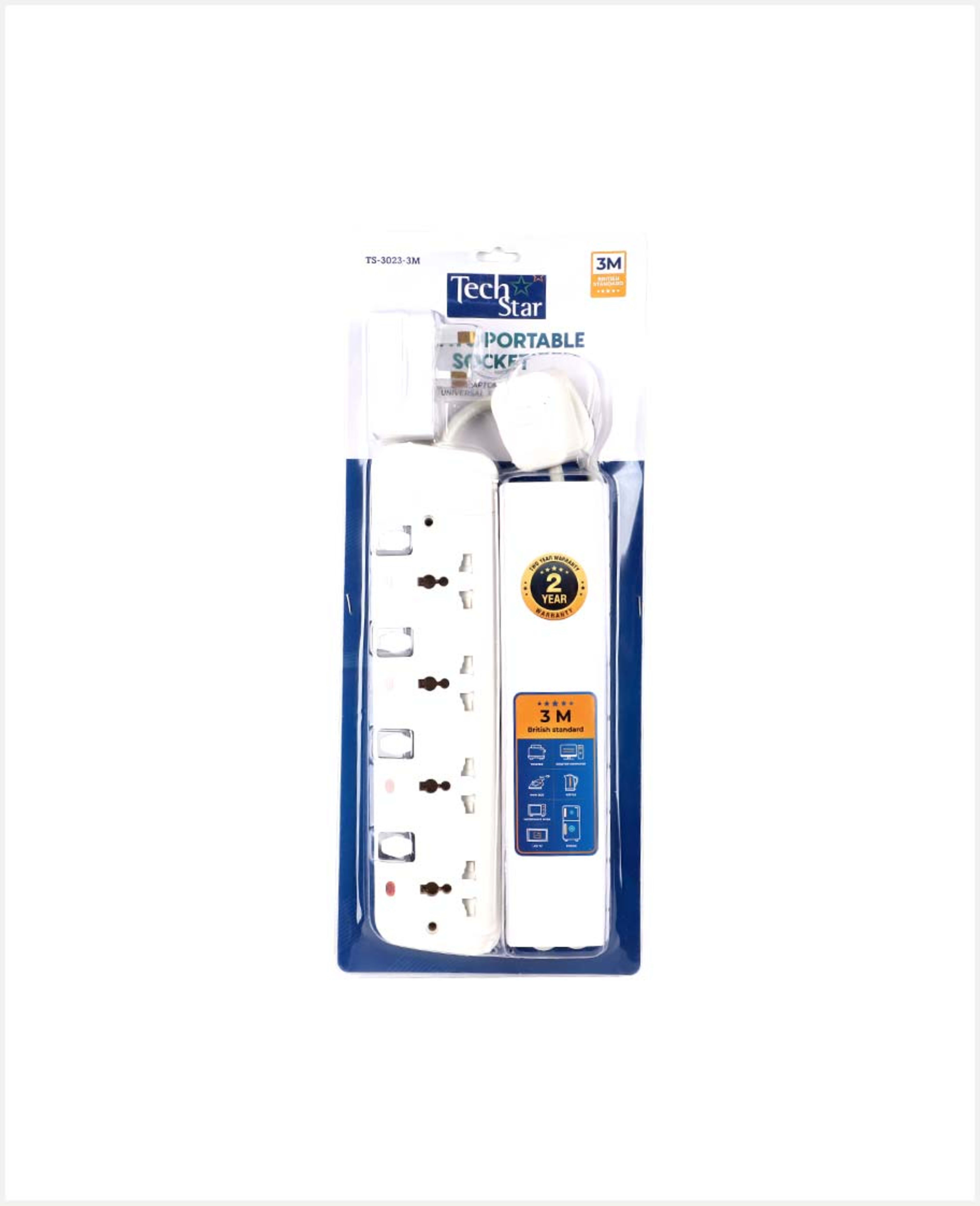 Tech Star 4way Portable Socket 3mtr+3pin Adaptor Ts-3023-3m