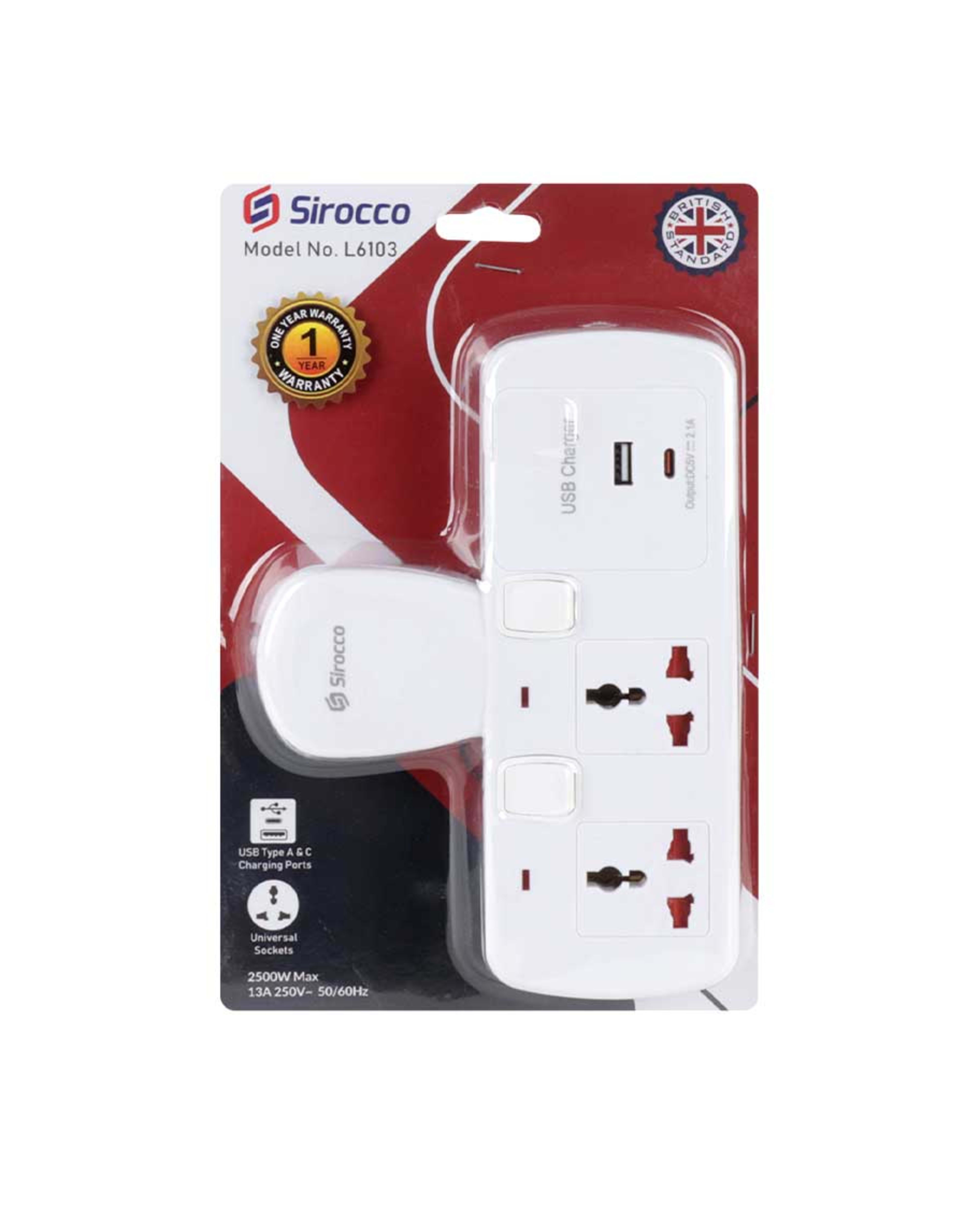 Sirocco 2 Way Universal Electrical Outlet Extender with 2 USB Type (a&c) L6103