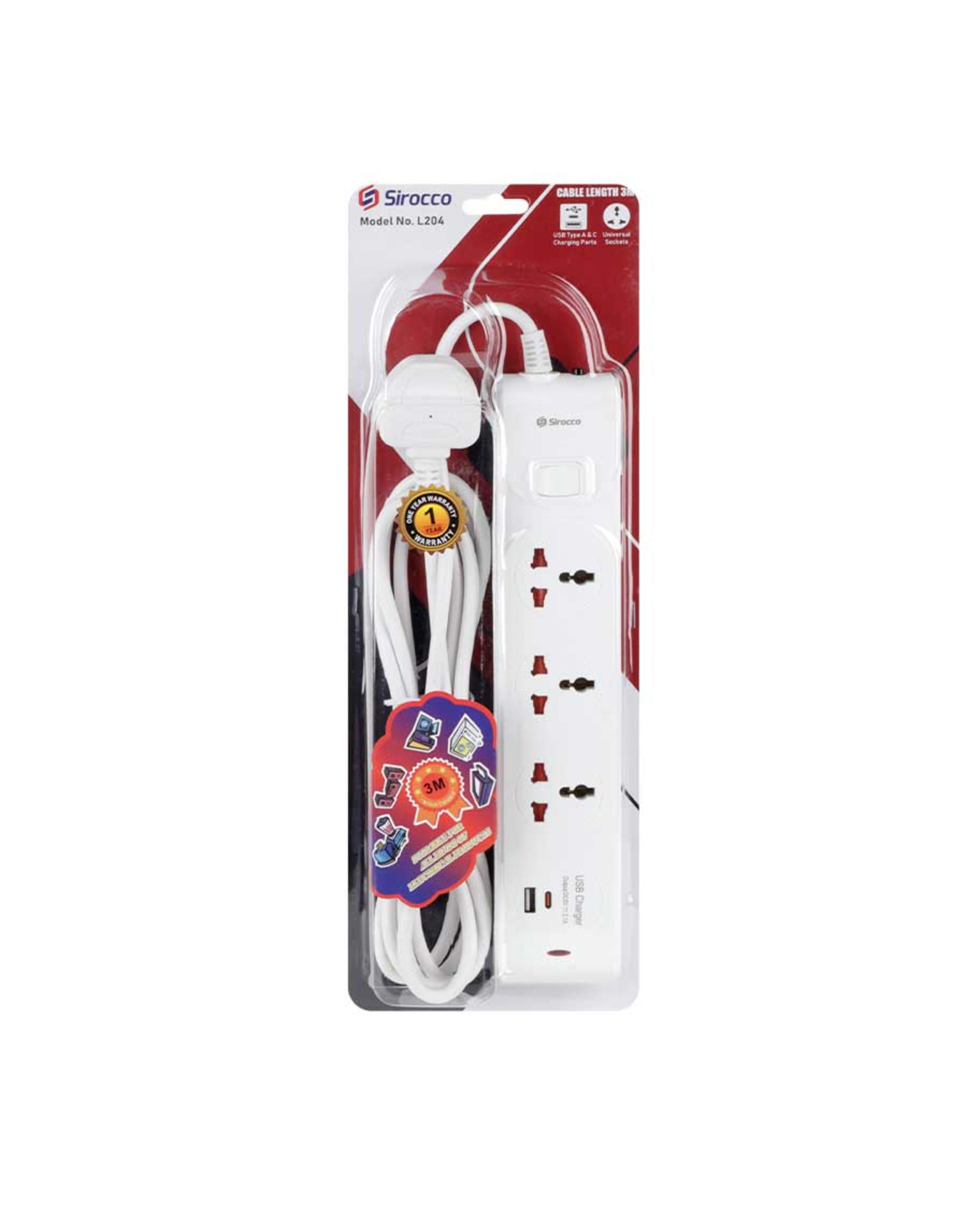 Sirocco 3 Way 3m Universal Extension Socket with 2 USB Ports Type (a&c) L204