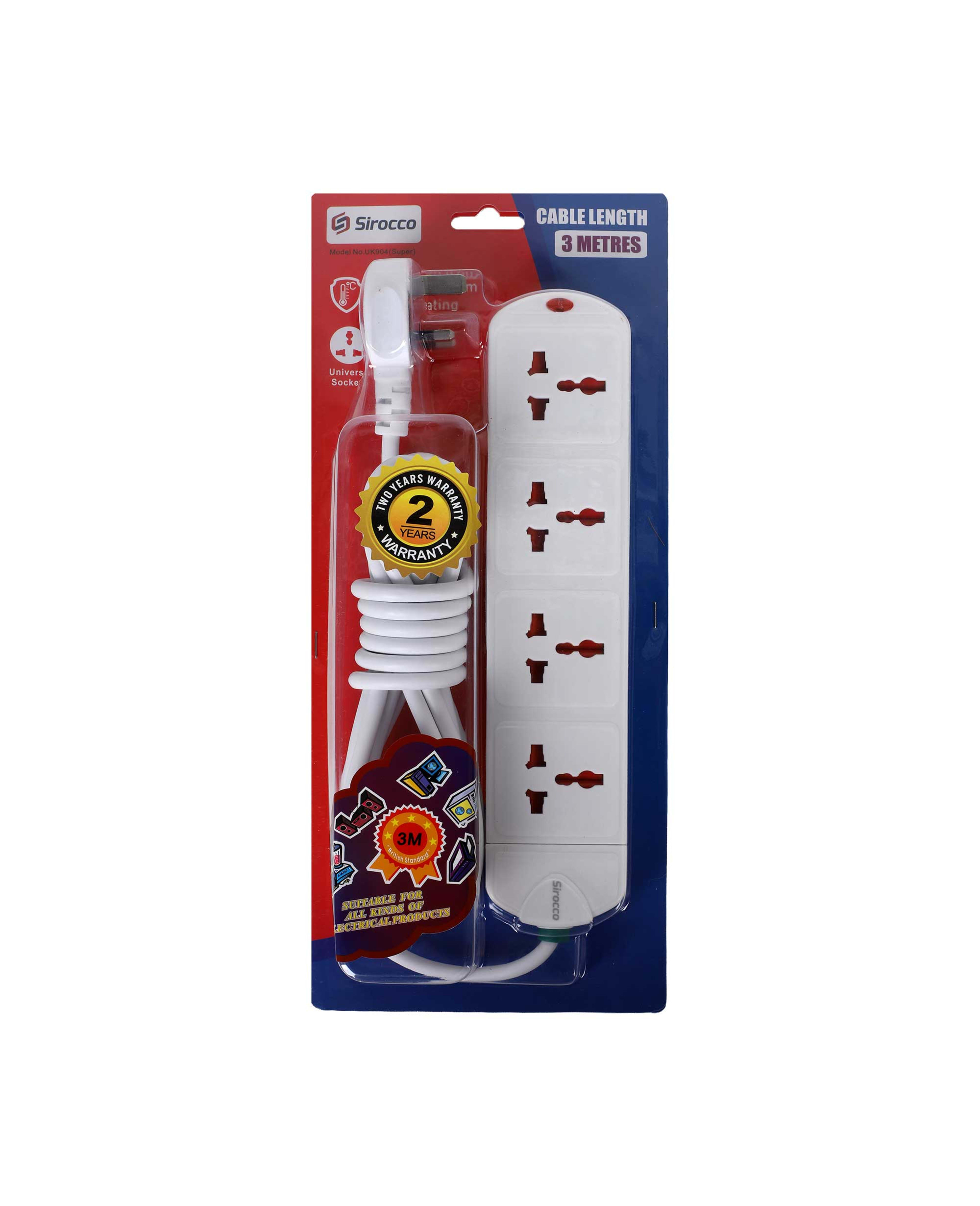 Sirocco Extension Socket 4way 3m Uk904