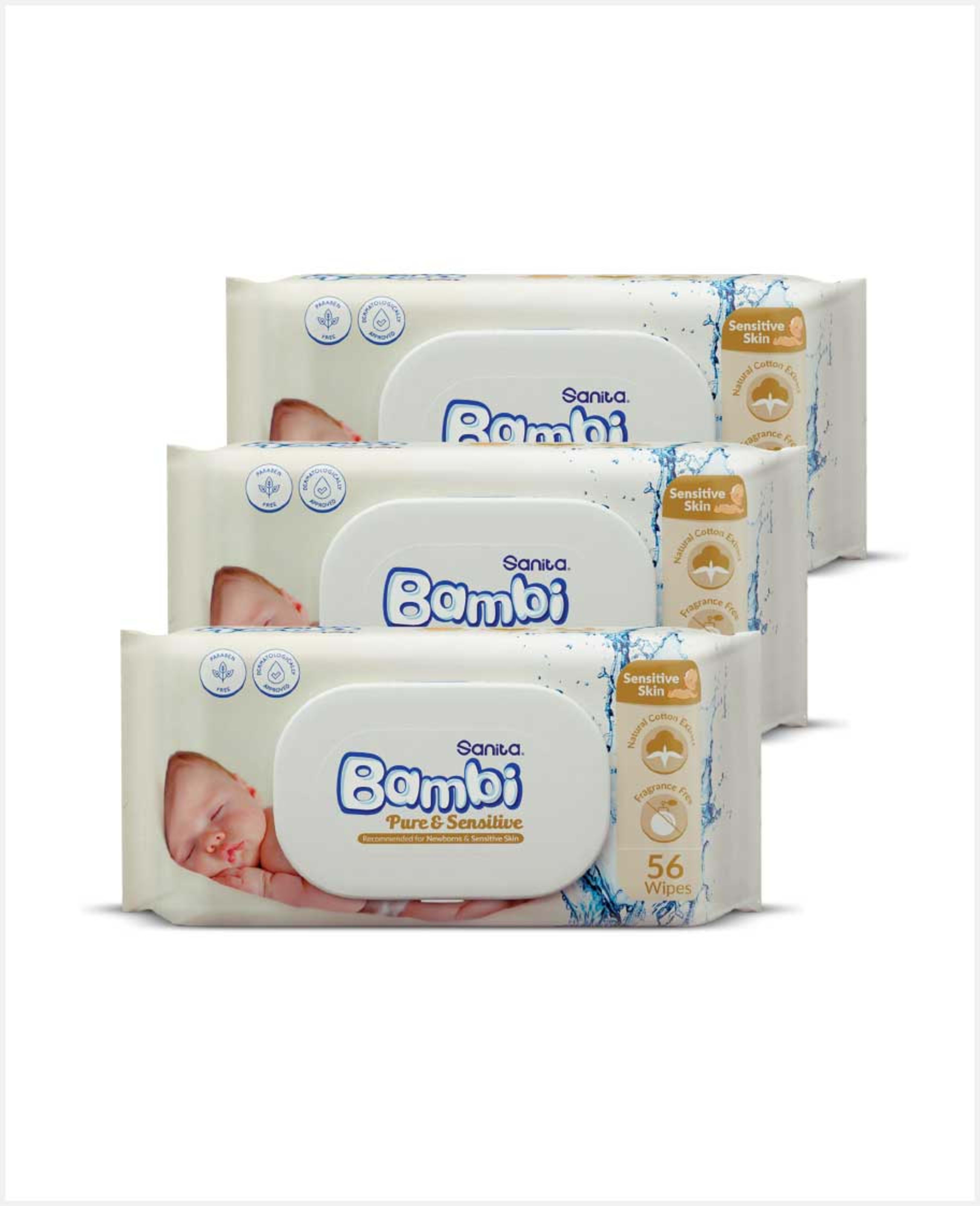 Sanita Bambi Wet Wipes Pure & Sensitives 56s (2+1free)