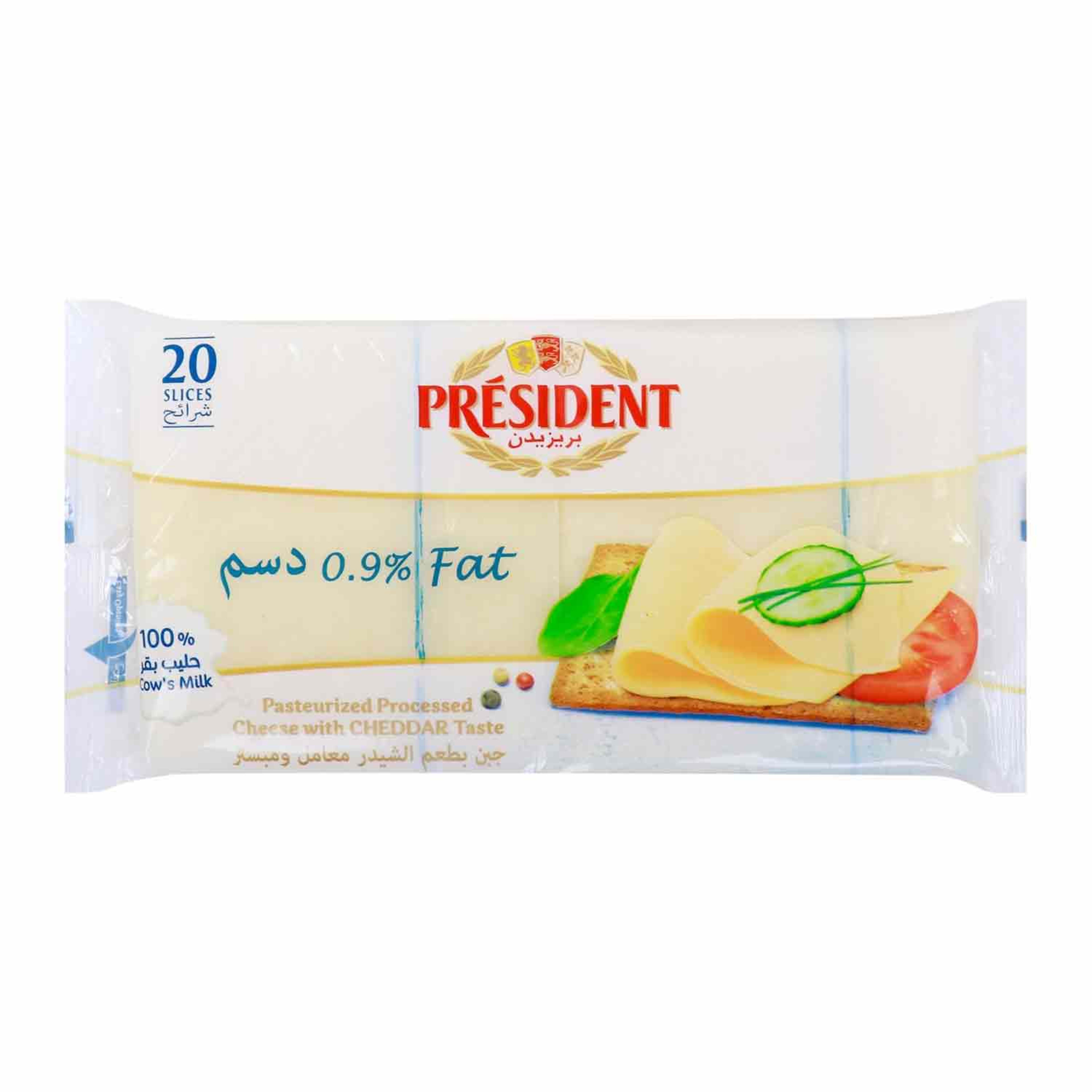 President 0.9% Fat Processed Cheddar Cheese 20's 400gm