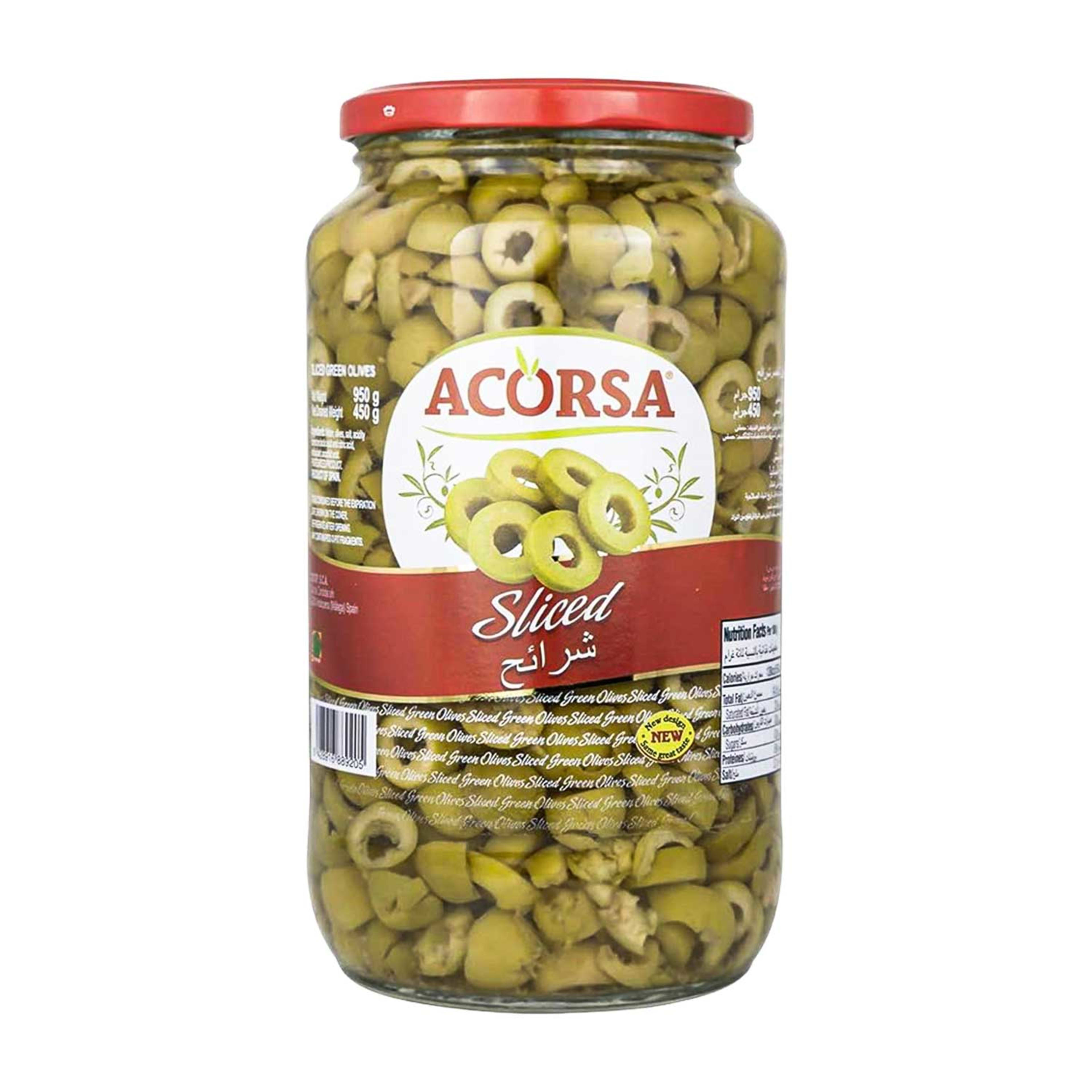Acorsa Olives Sliced Green 450gm (nw 950gm)