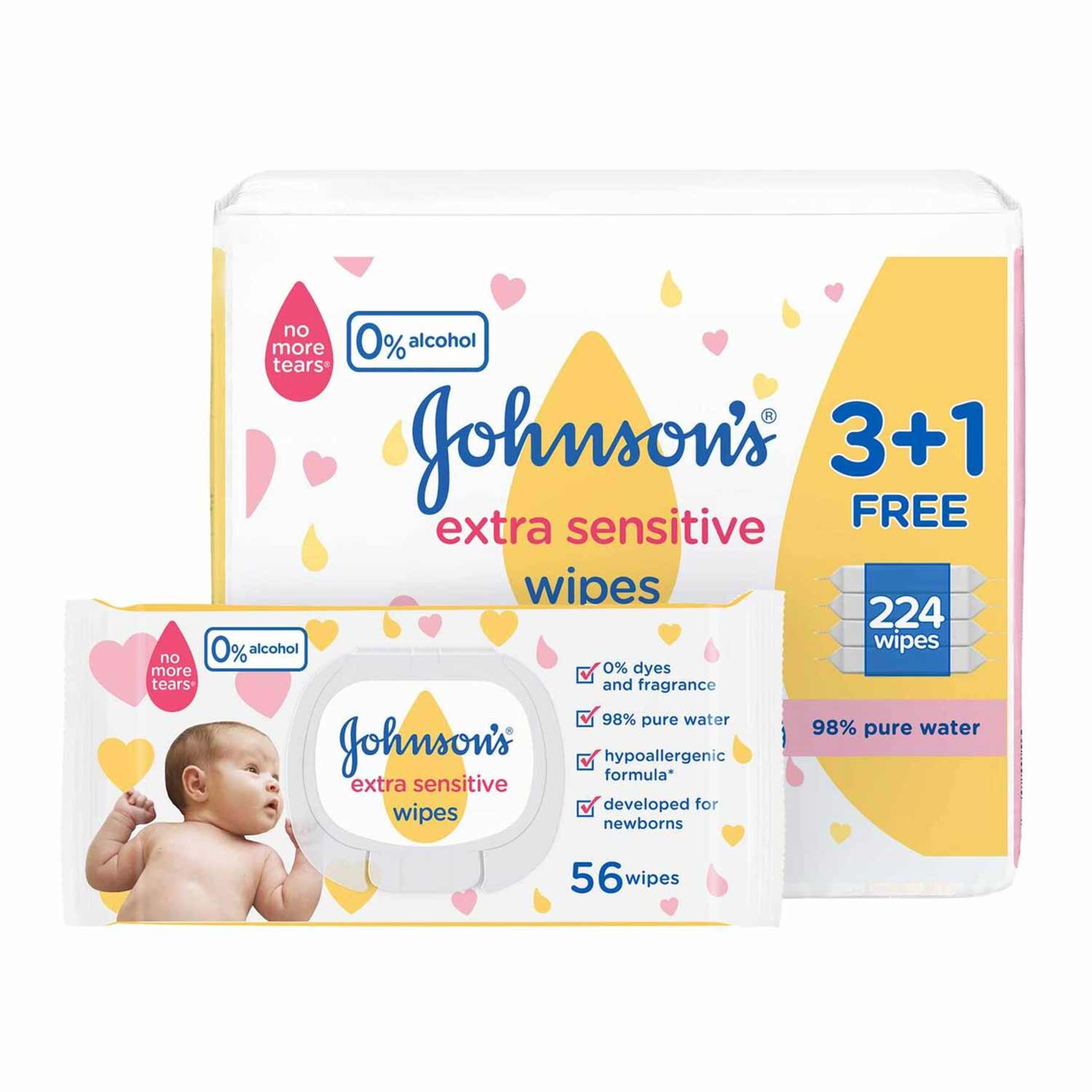 Johnson's Extra Sensitive Fragrance Free Wipes 56's 3+1free