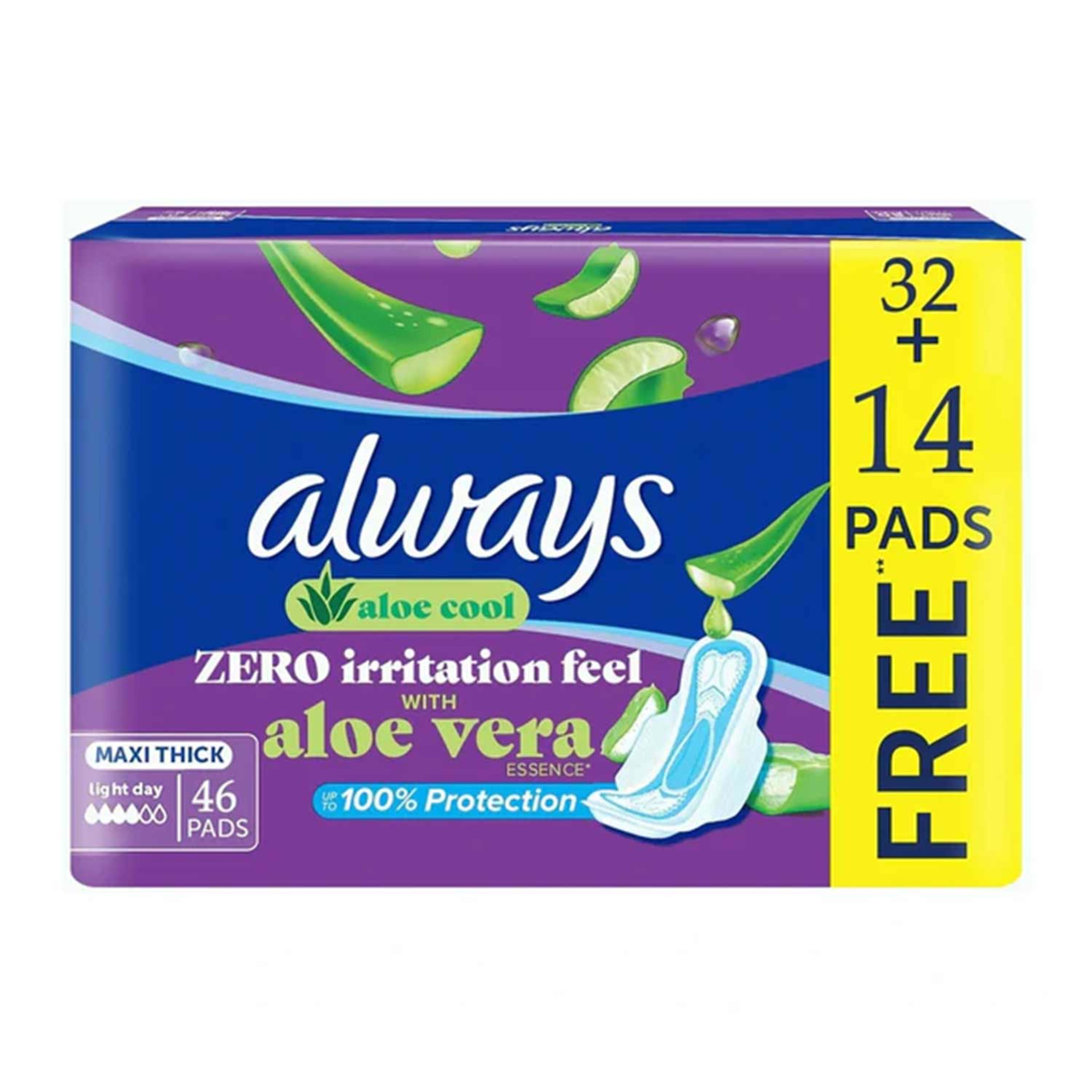 Always Aloe Cool Maxi Thick Light Day Long Pads 32+14pcs Free