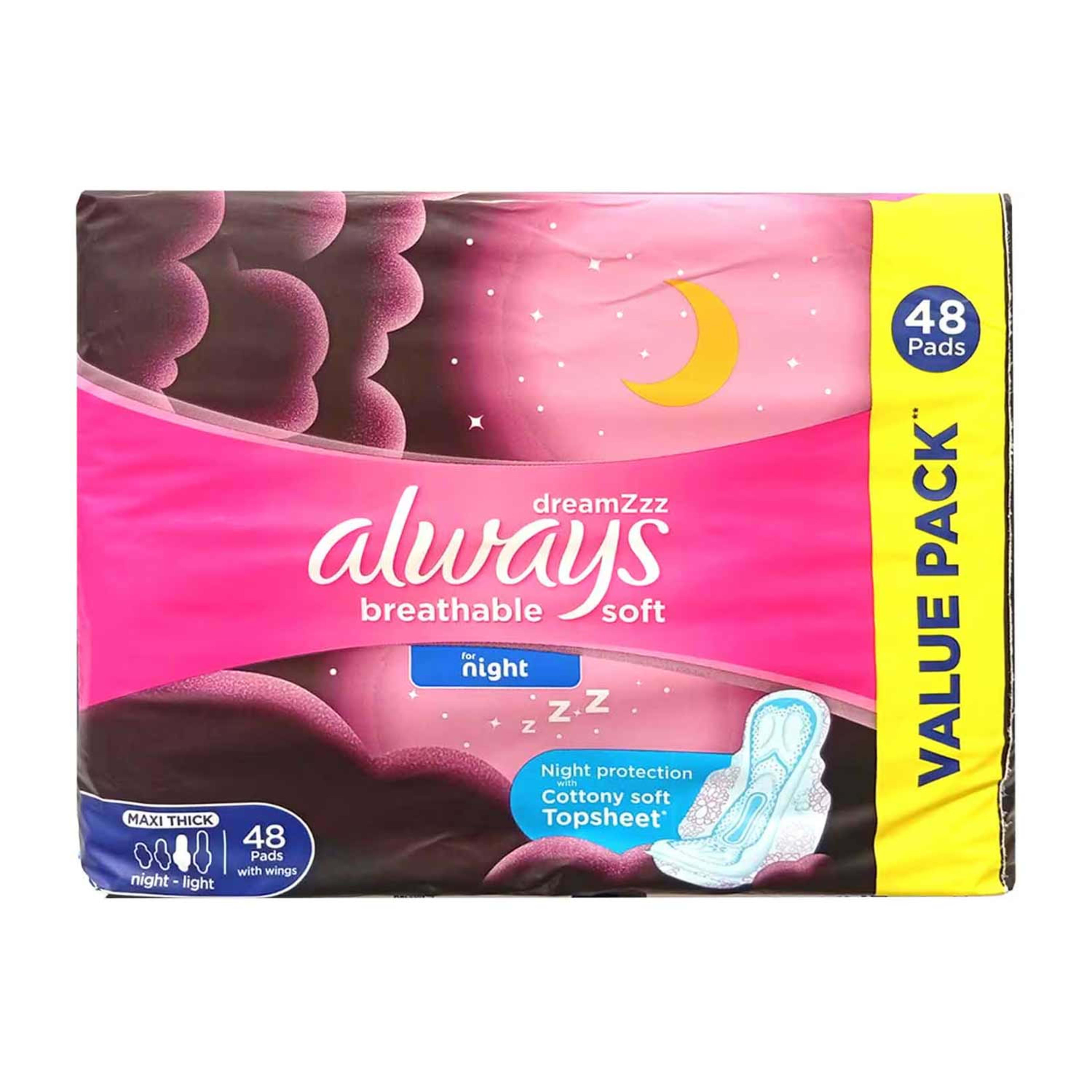 Always Dreamzzz Breathable Soft Maxi Thick Night Pads with Wings Value Pack 48pcs