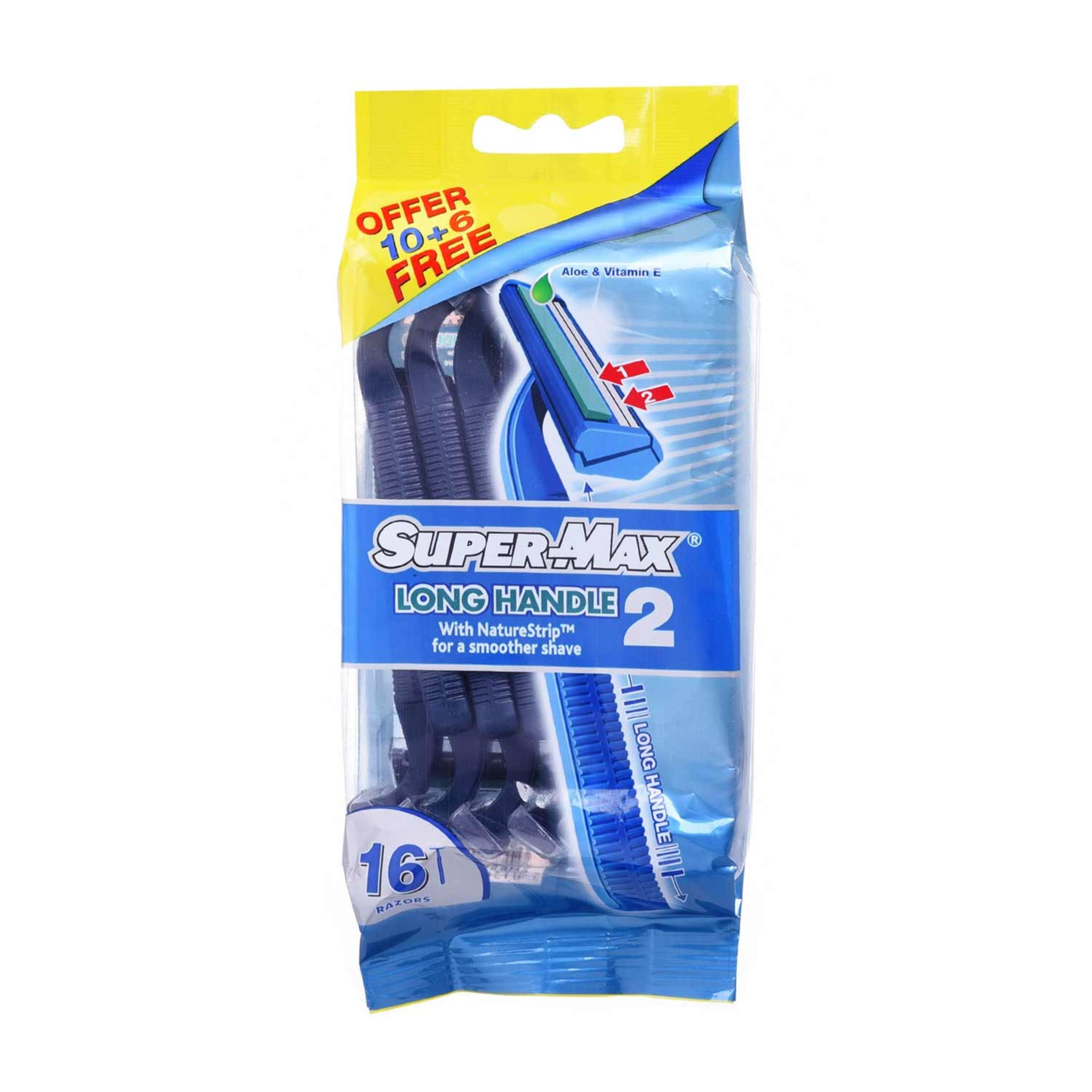Super-max Long Handle 2 Twin Blade Disposable Razors 10+6 Free