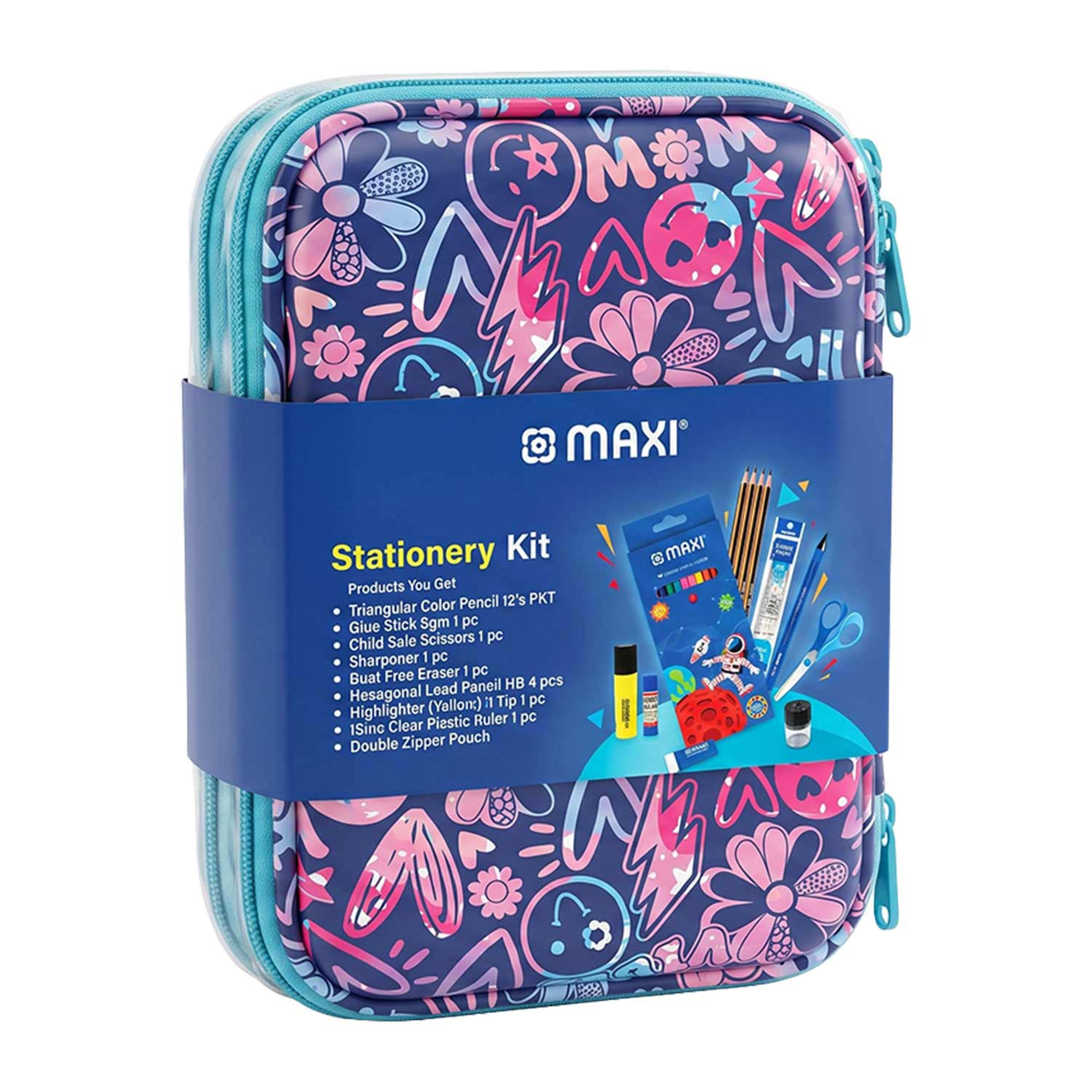 Maxi Zipper Pencil Case Printed Turquoise Mxzpctp-1