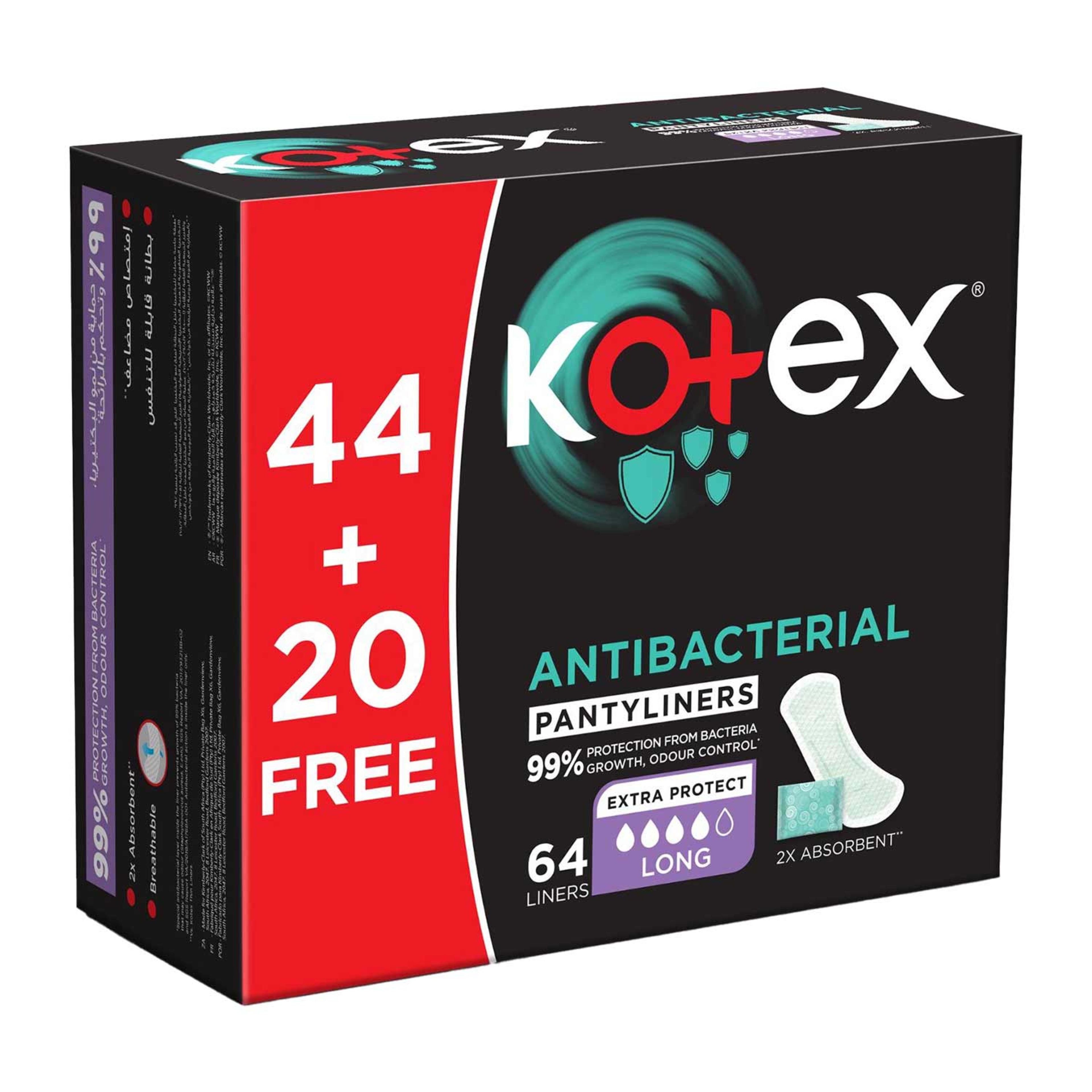 Kotex Antibacterial Pantyliners Long 44+20free