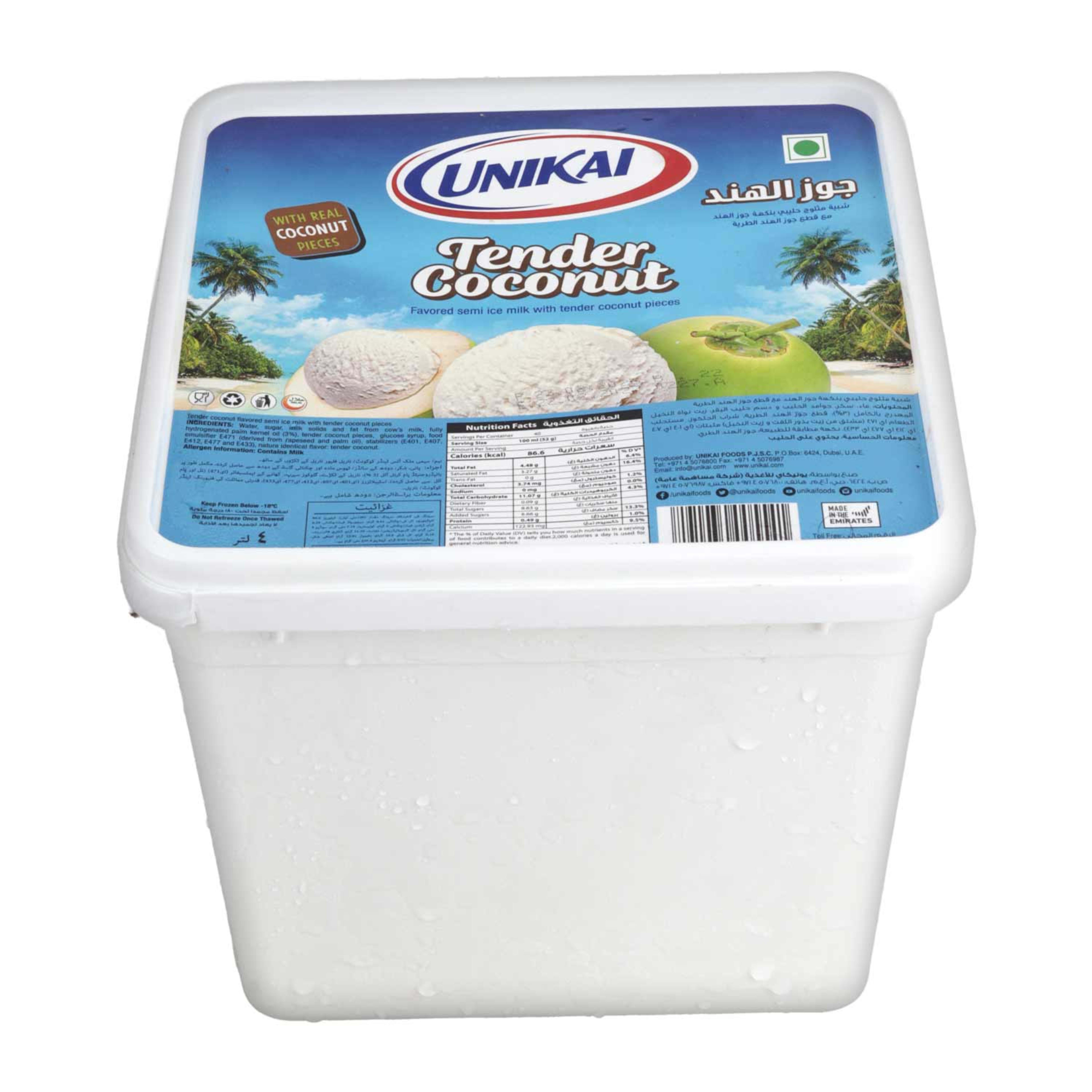 Unikai Tender Coconut Ice Cream Tub 4ltr