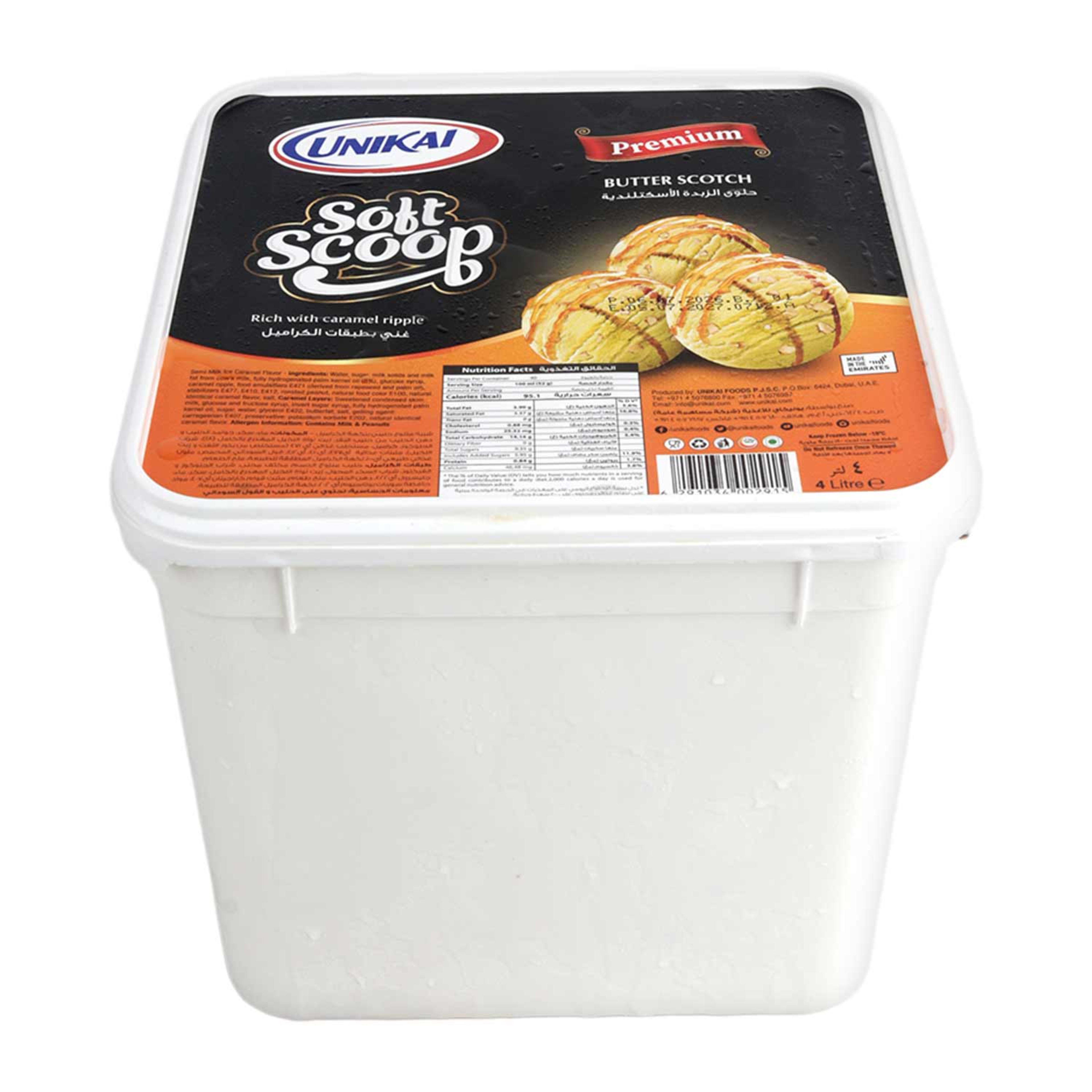 Unikai Soft Scoop Butter Scotch Ice Cream Tub 4ltr