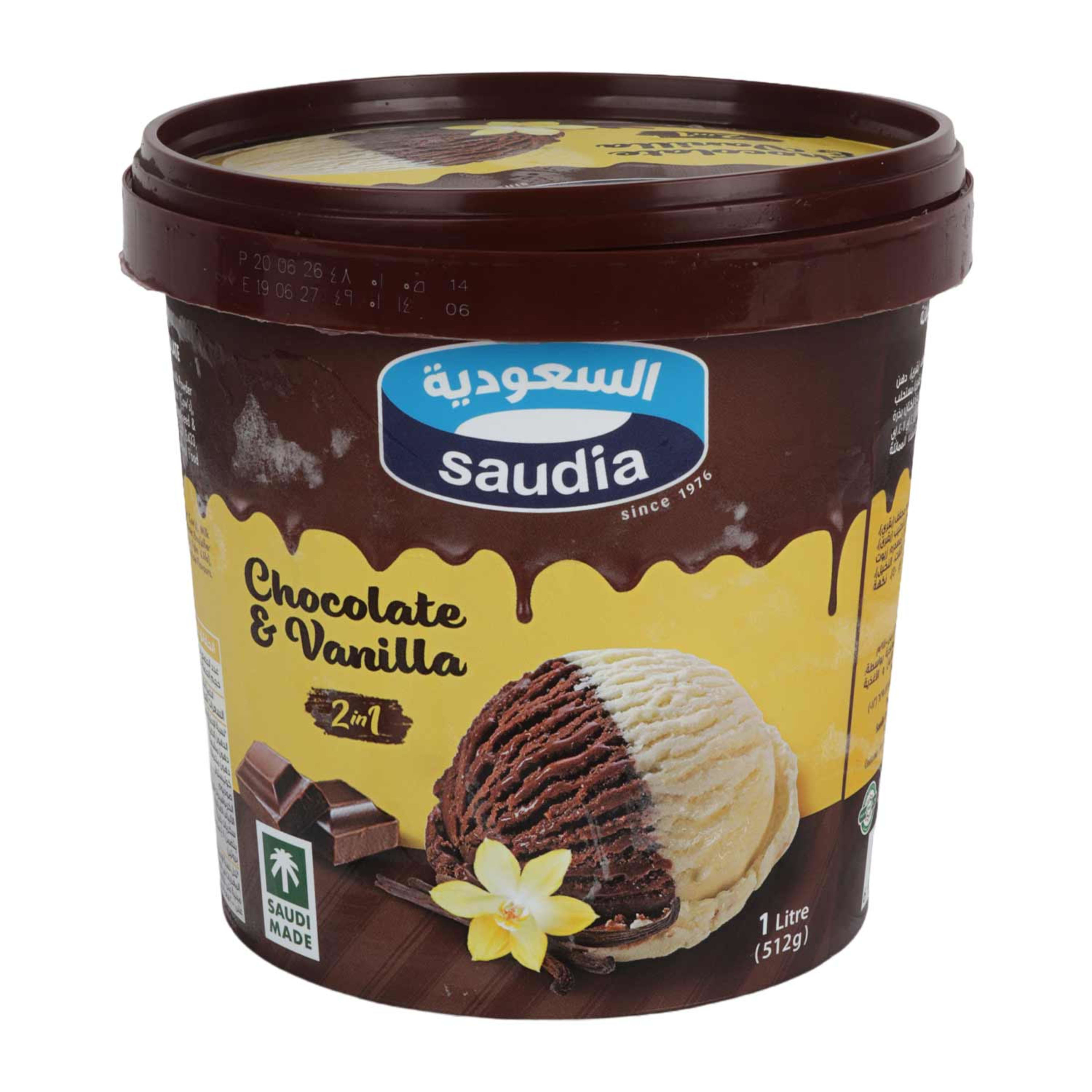 Saudia 2in1 Chocolate Vanilla Ice Cream Tub 1ltr
