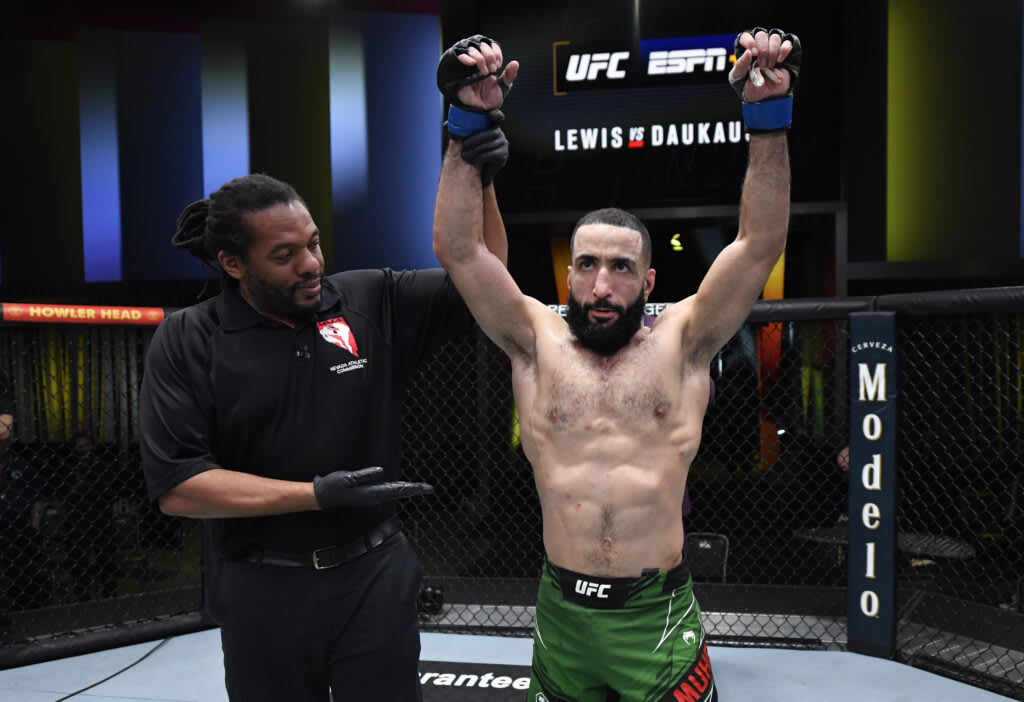 Belal Muhammad reacts after defeating Stephen Thompson at UFC Vegas 45