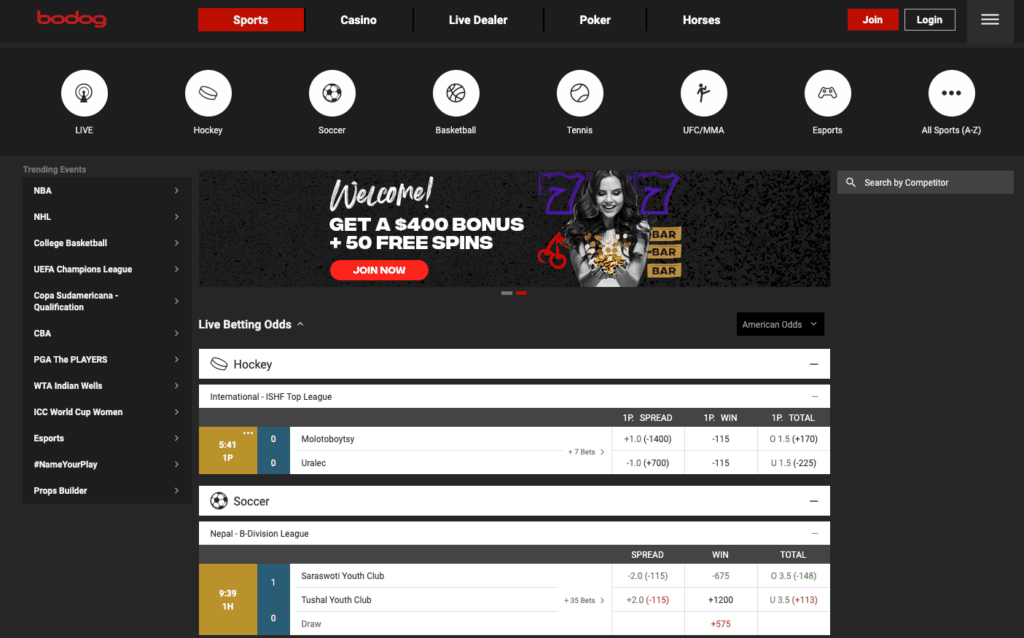 Bodog's sports screen