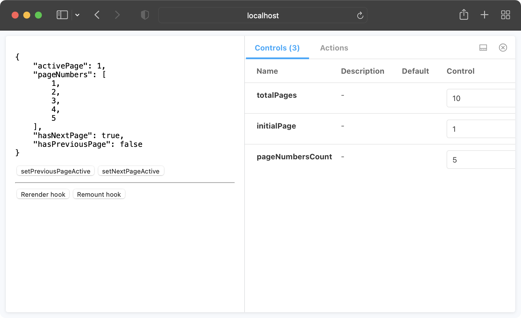 The stories for a use pagination Hook total pages control set to 10, the initial page control set to 1, and the page numbers count control set to 5. A JSON stringified object is displayed showing the outputted data from the Hook in a readable format.