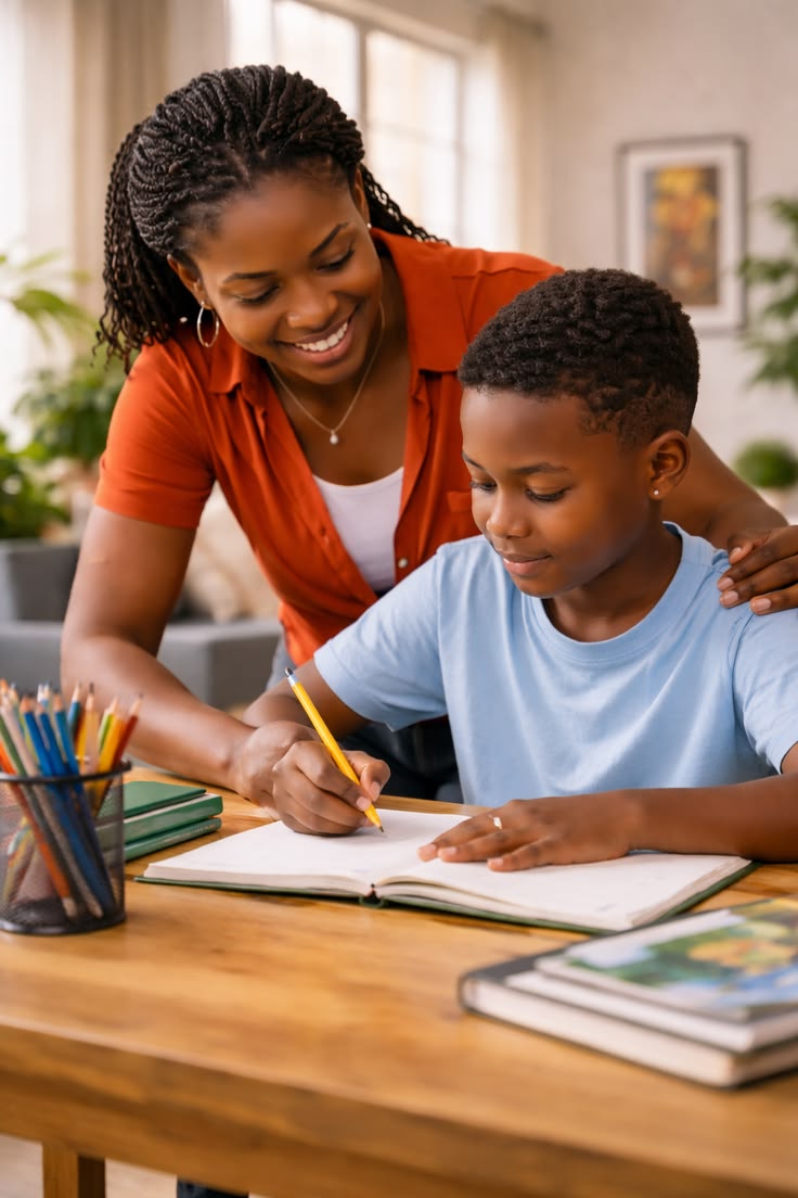 Un parent aide son enfant à réviser à la maison