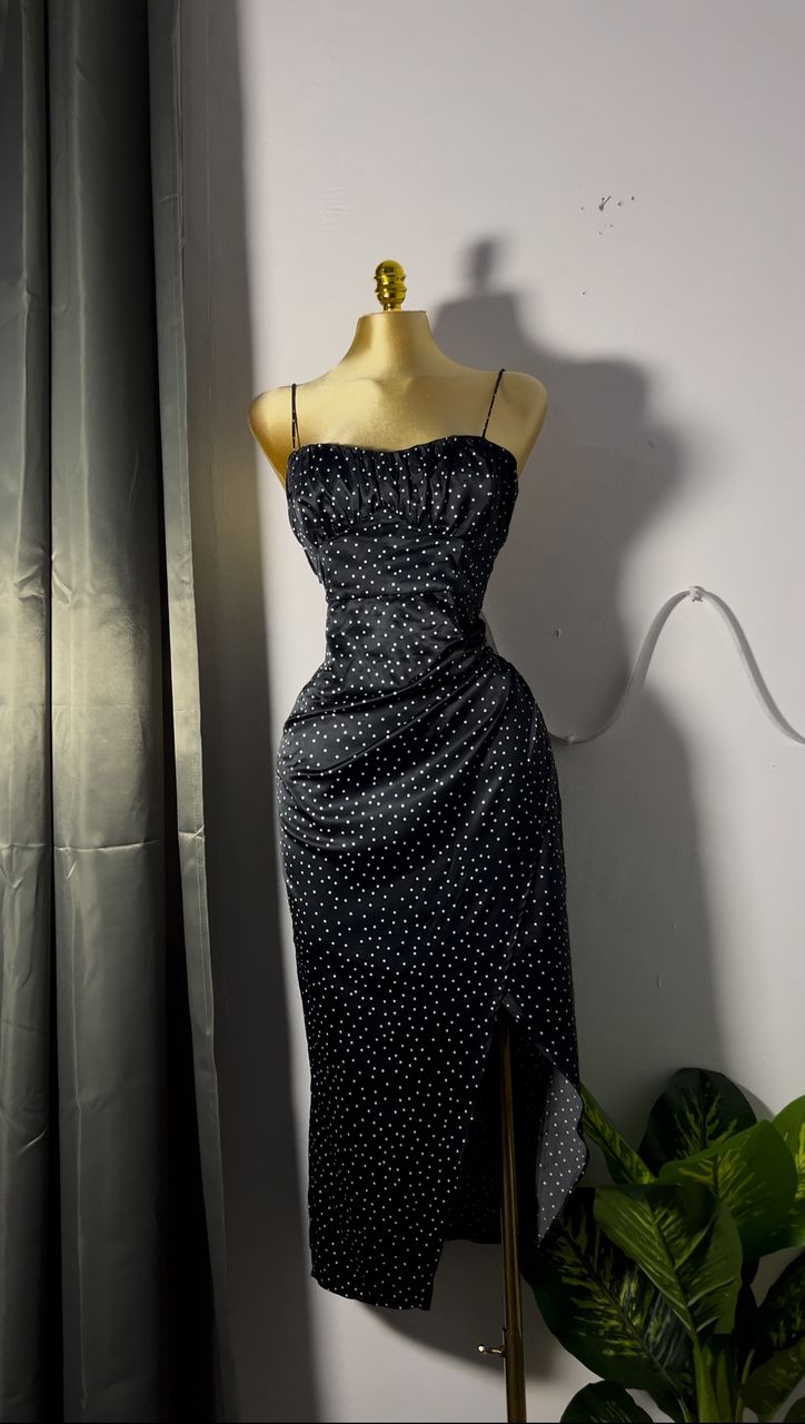 Elegant Black Polka Dot Satin Dress