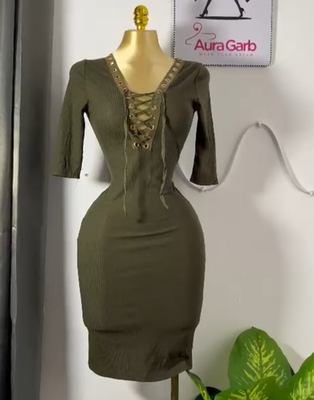 Olive Green Lace-Up Bodycon Dress