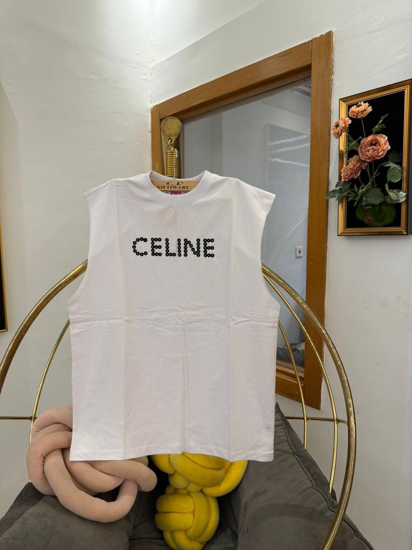 CELINE Sleeveless T-Shirt with White Logo 1