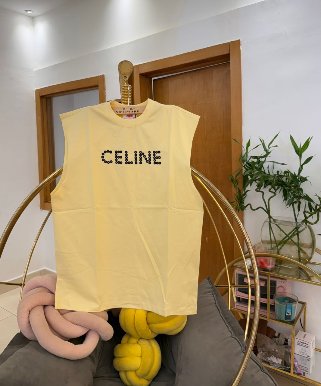 CELINE Sleeveless T-Shirt with White Logo