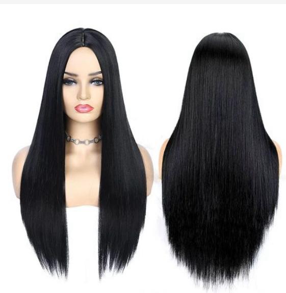 Long Silky Straight Black Wig with Glittering Part