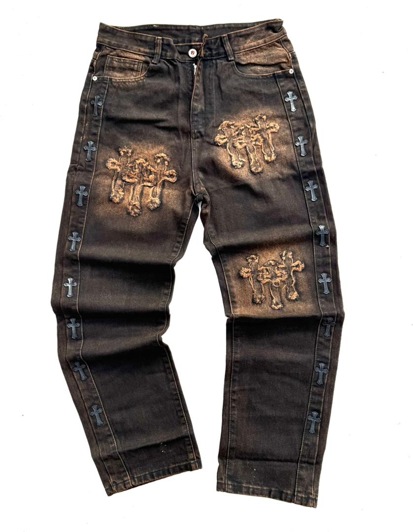 Black Denim Jeans with Cross Embellishments