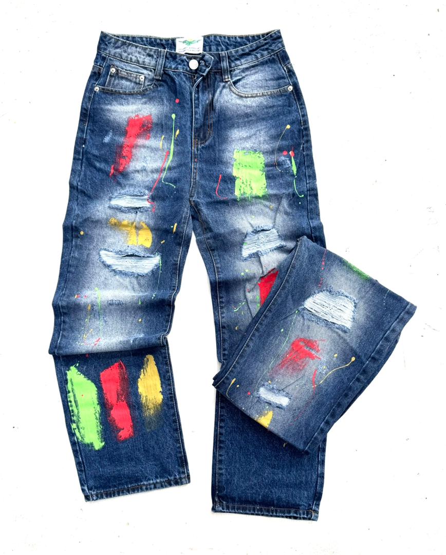 Paint-Splattered Distressed Denim Jeans with Ripped Details