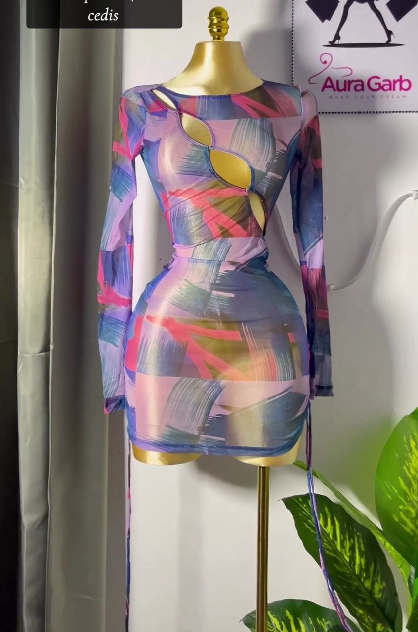 Colorful Abstract Print Bodycon Dress with Unique Cut-Out Design