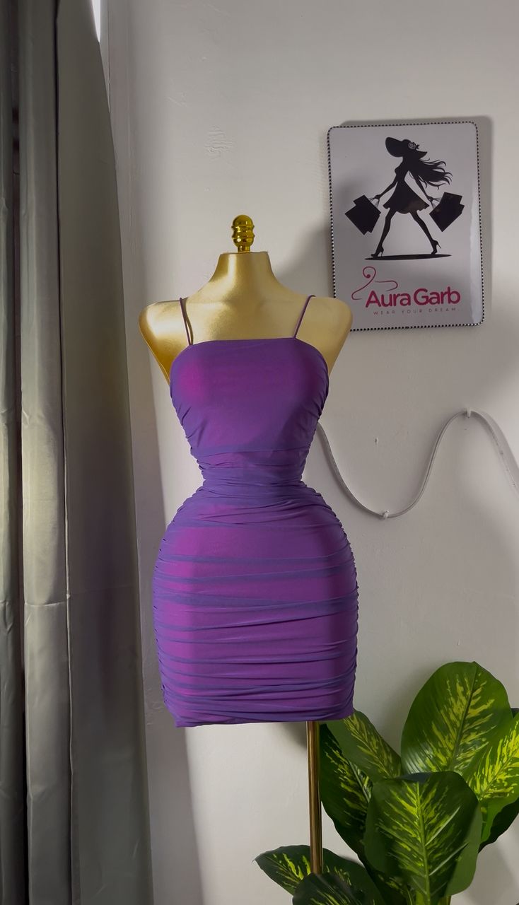 Stylish Purple Ruched Bodycon Dress with Spaghetti Straps
