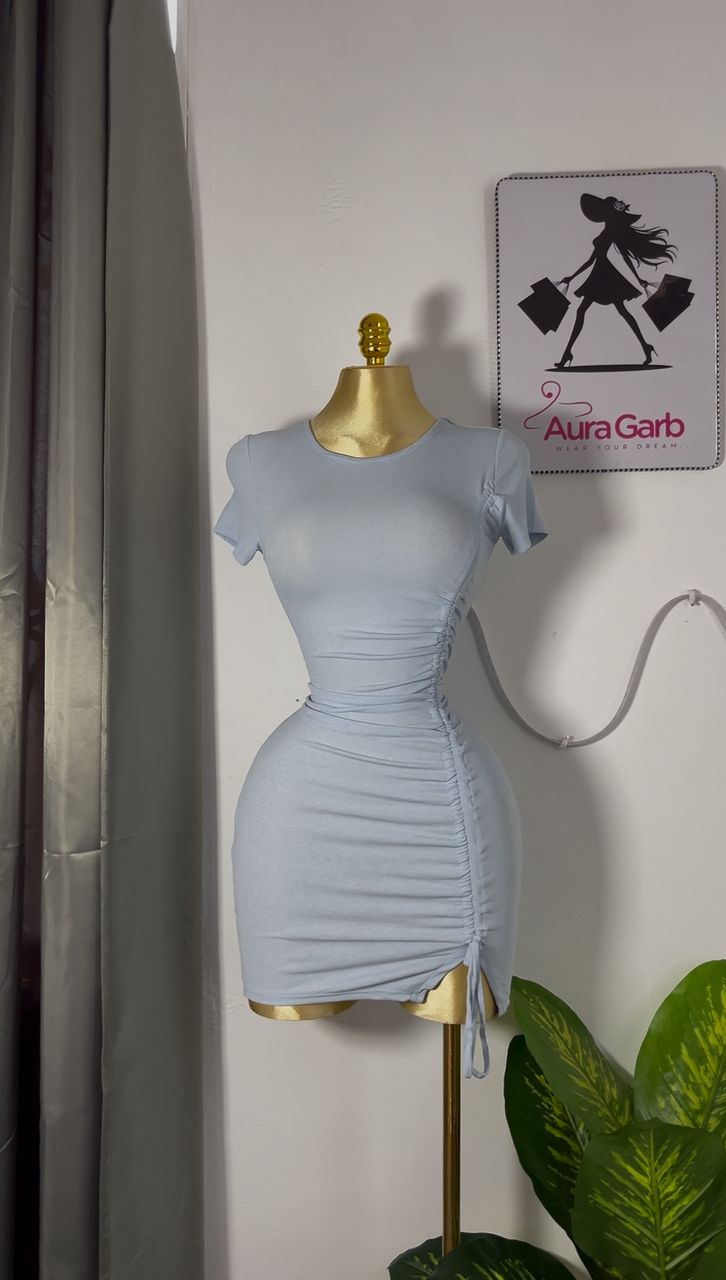 Chic Light Gray Ruched Bodycon Dress with Side Tie Detail