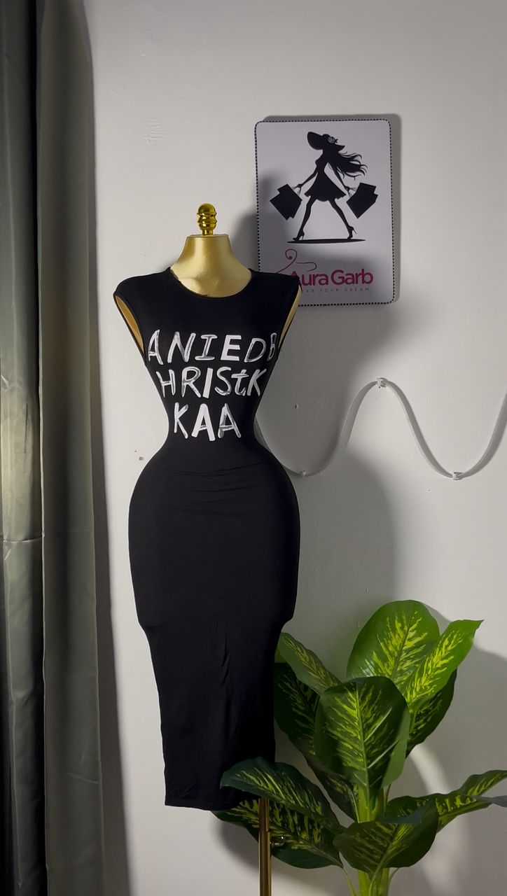 Black Bodycon Dress with Unique White Lettering Design