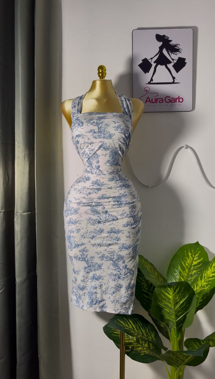 Elegant White and Blue Toile Bodycon Dress