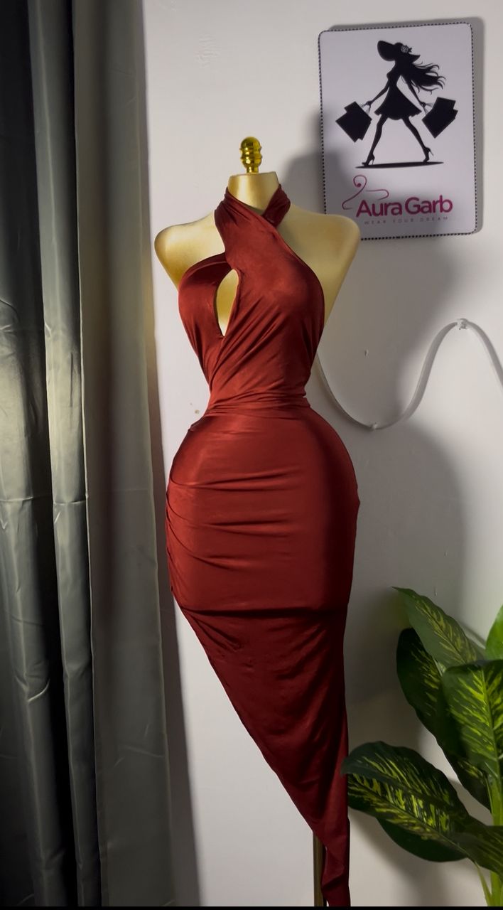 Stunning Rust Red Asymmetrical Halter Dress with bareback 