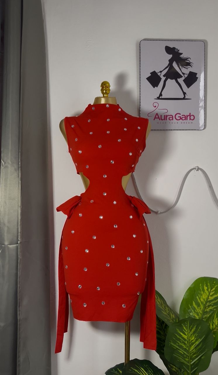 Chic Red Dress with Silver Embellishments and Bow Detailing