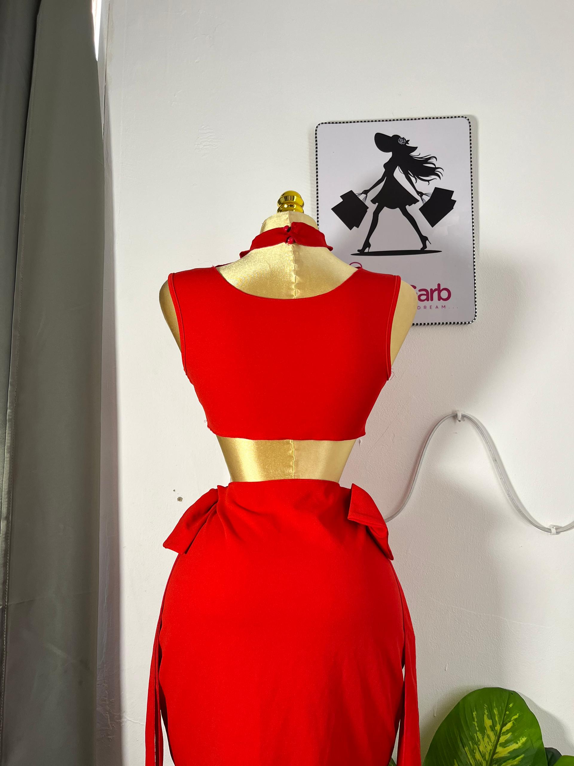 Chic Red Dress with Silver Embellishments and Bow Detailing 1