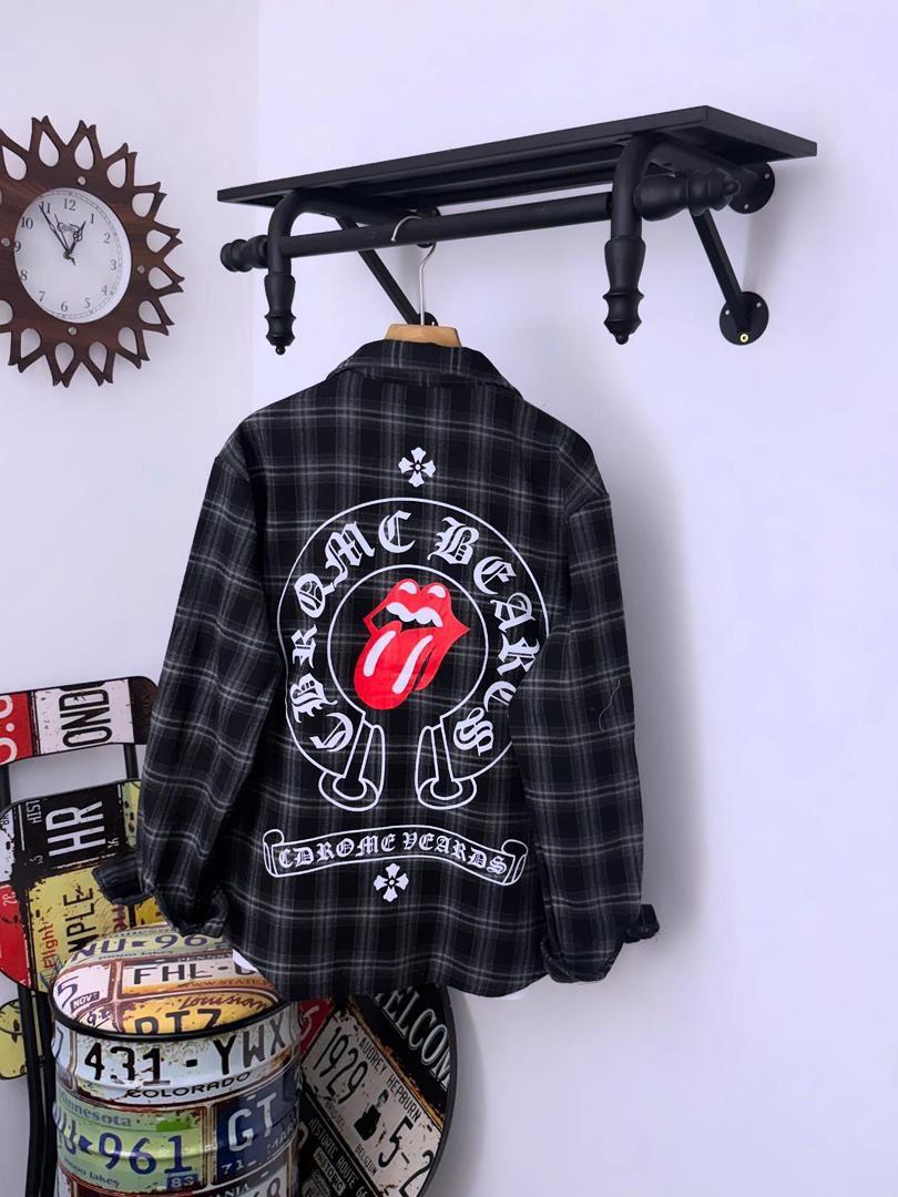Stylish Black Plaid Flannel Shirt with CHROME HEART Embroidered Patch 1
