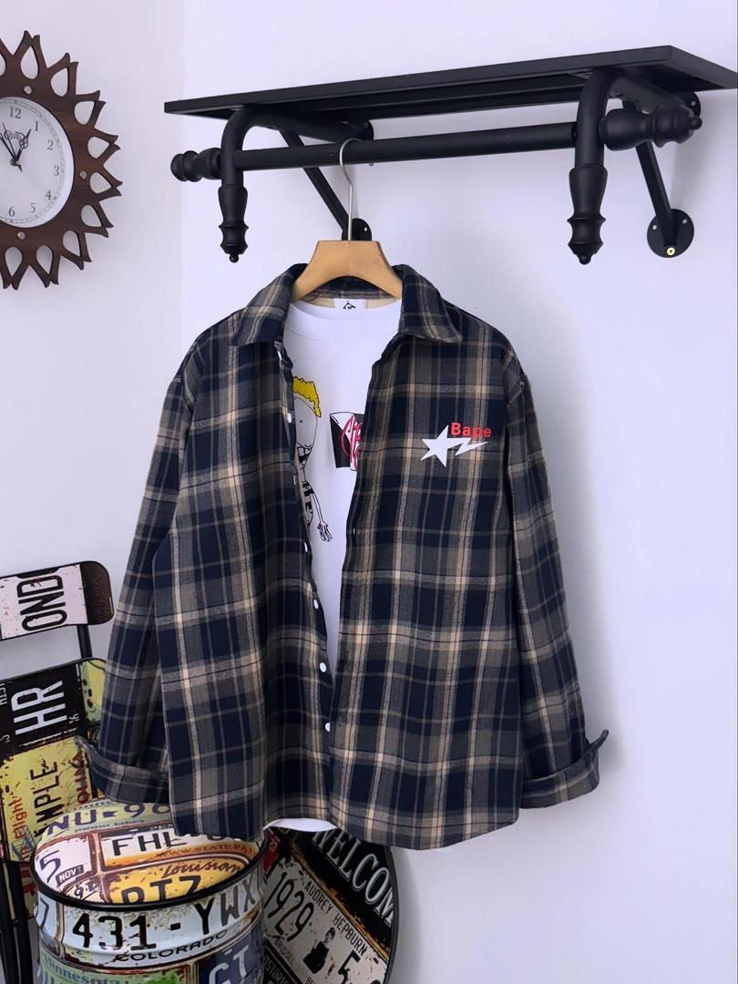 Stylish Black Plaid Flannel Shirt with Embroidered Patch