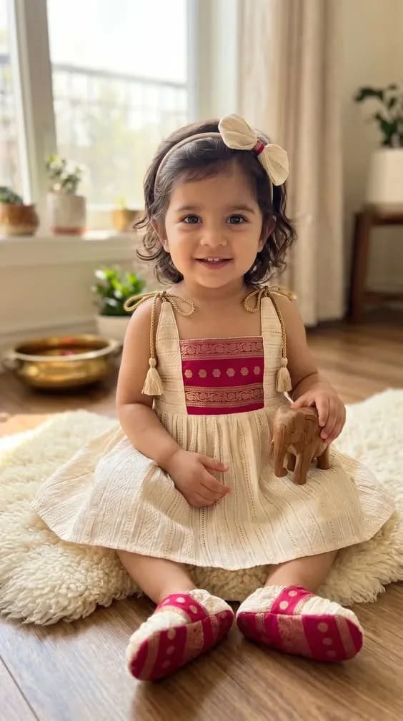 Picksparrow Baby Girl Cotton Lurex Dress-Headband-Booties/Irupathettu Set (Multicolored)