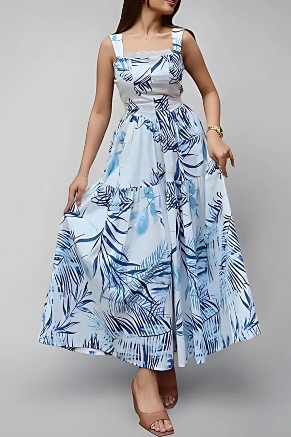Women’s Blue Floral Maxi Dress Elegant Sleeveless Summer Vacation Dress