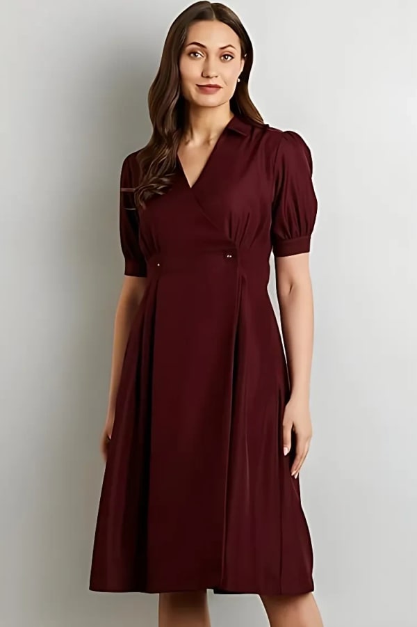 Women’s Burgundy Wrap Midi Dress Elegant Fit and Flare Party Dress