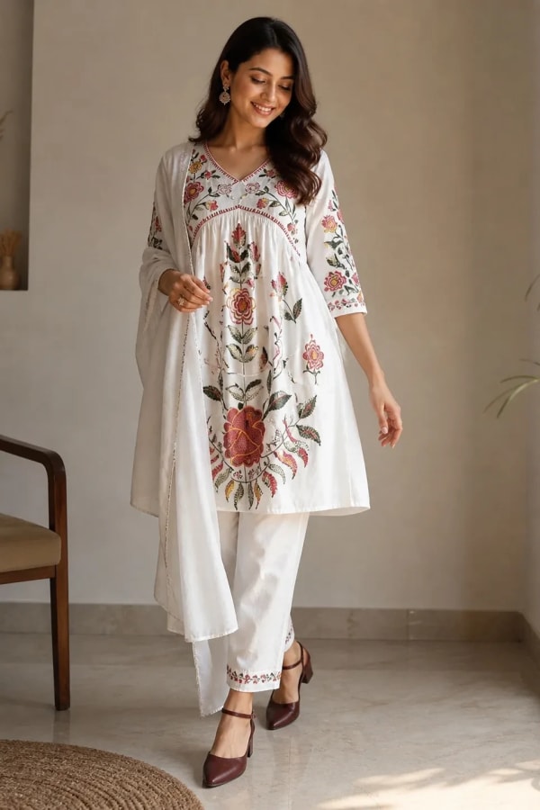 Women’s White Floral Embroidered Cotton Co-Ord Set Elegant Ethnic Casual Wear