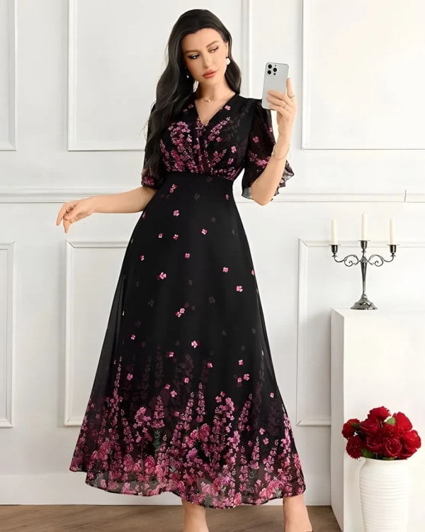 Women’s Black Floral Georgette Maxi Dress Elegant V-Neck Flutter Sleeve Dress