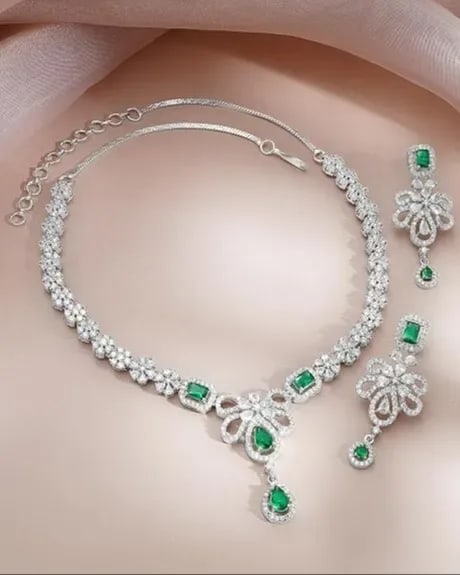 Rubans Rhodium Plated Emerald Green Crystal Necklace Set with Dangler Earrings for Women